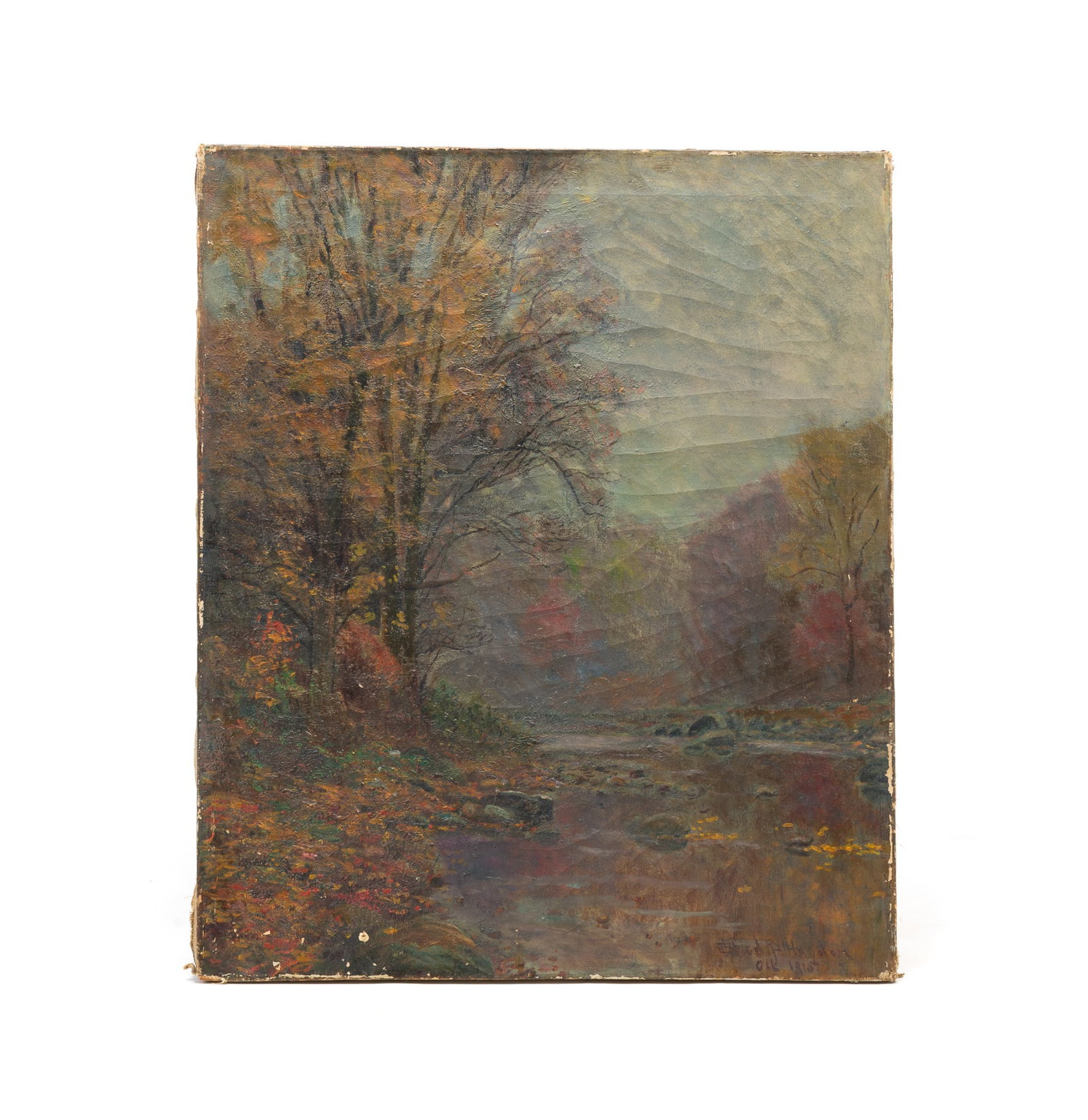 EDWARD PARKER HAYDEN (OHIO/NEW YORK/MASSACHUSETTS, 1858-1922) "A FOGGY MORNING" OIL ON CANVAS, DATED: EDWARD PARKER HAYDEN (OHIO/NEW YORK/MASSACHUSETTS, 1858-1922) "A FOGGY MORNING" OIL ON CANVAS, DATED 1915. American, Early 20th Century. Depicting a view of the river lined with trees and under heavy 