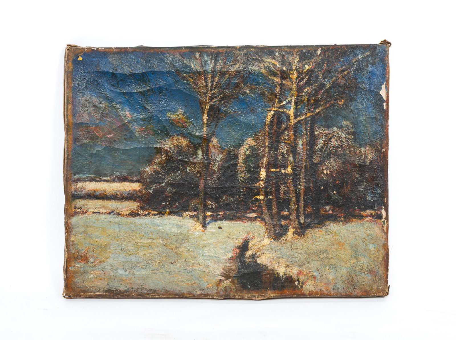 EDWARD PARKER HAYDEN (OHIO/NEW YORK/MASSACHUSETTS, 1858-1922) OIL ON CANVAS OF WINTER LANDSCAPE.: EDWARD PARKER HAYDEN (OHIO/NEW YORK/MASSACHUSETTS, 1858-1922) OIL ON CANVAS OF WINTER LANDSCAPE. American, Late 19th or Early 20th Century. A view of a snow-covered woods with a creek running down the