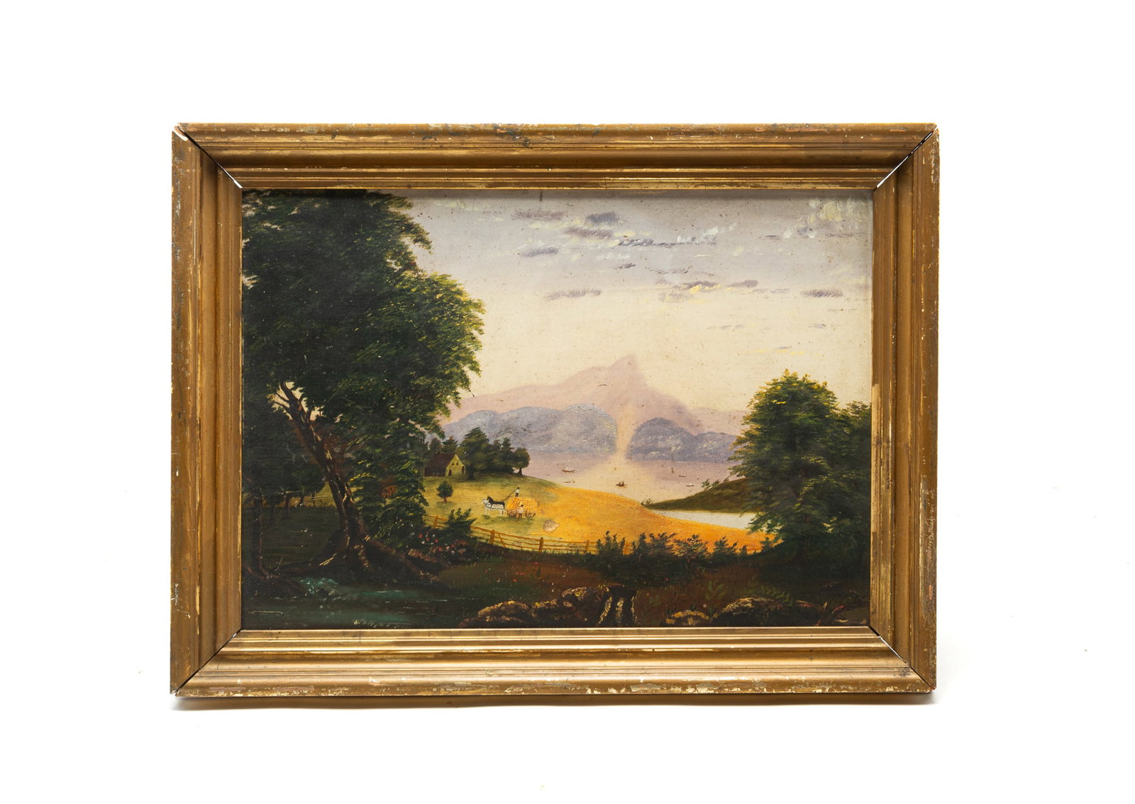 HUDSON RIVER VALLEY SCHOOL OIL ON BOARD LANDSCAPE.: HUDSON RIVER VALLEY SCHOOL OIL ON BOARD LANDSCAPE. American (New York), 19th Century. Depicting two figures with a horse-drawn hay wagon in the hay field of a farm, the river with boats and mountains 