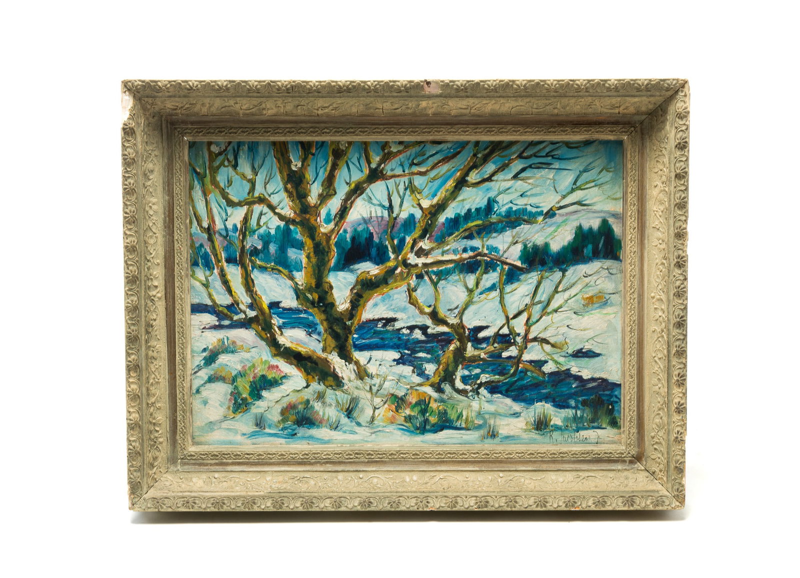WINTER LANDSCAPE OIL ON BOARD.: WINTER LANDSCAPE OIL ON BOARD. American, 20th Century. Oil on board. Winter landscape scene with snow-covered ground, large trees, and a stream running through the center. Signed R. Jacobsen to lower 