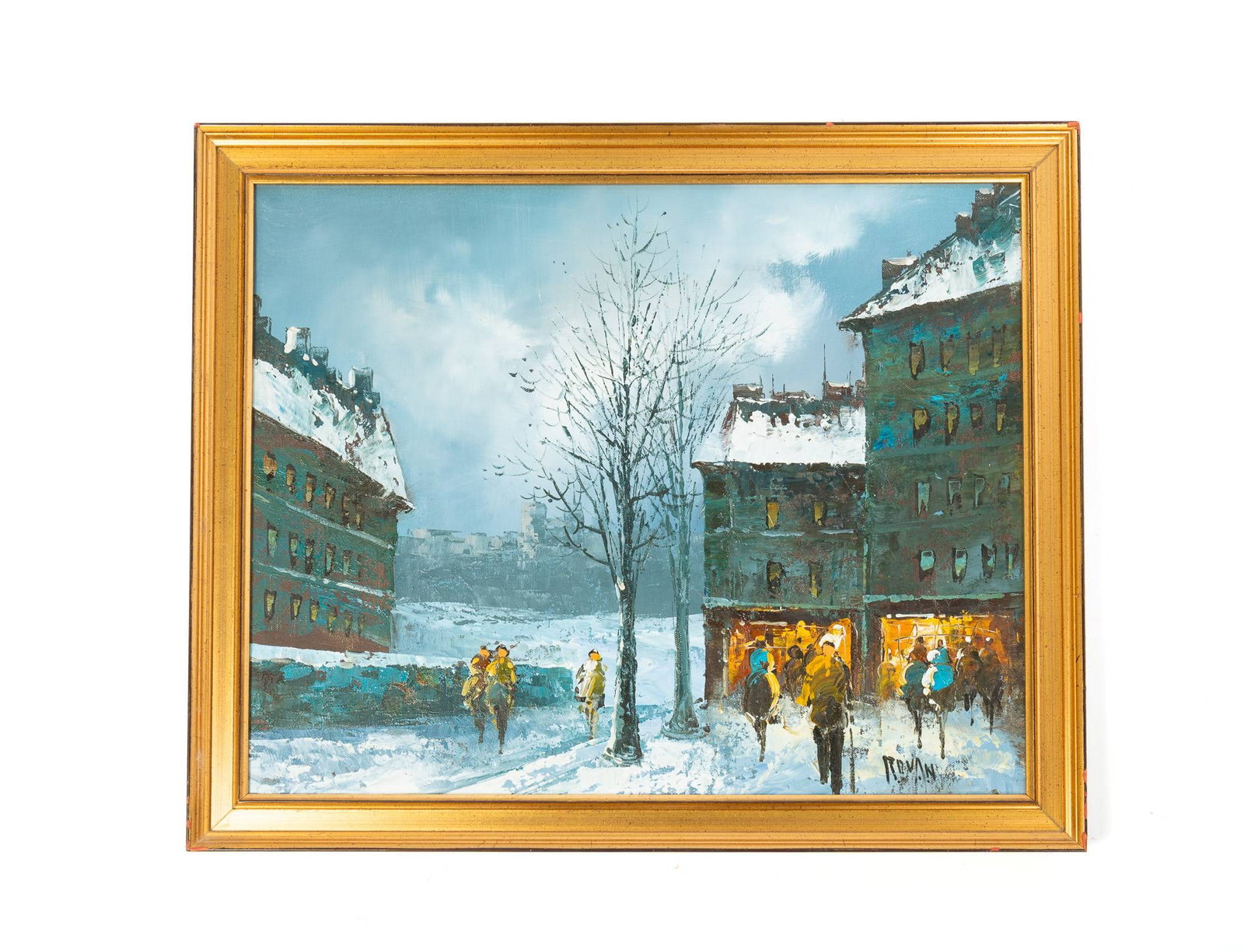 ROVAN IMPRESSIONIST STYLE OIL ON CANVAS OF SNOWY STREET SCENE.: ROVAN IMPRESSIONIST STYLE OIL ON CANVAS OF SNOWY STREET SCENE. Likely European, 20th Century. Depicting an impressionistic, bustling street scene in winter, with figures in motion surrounded by buildi