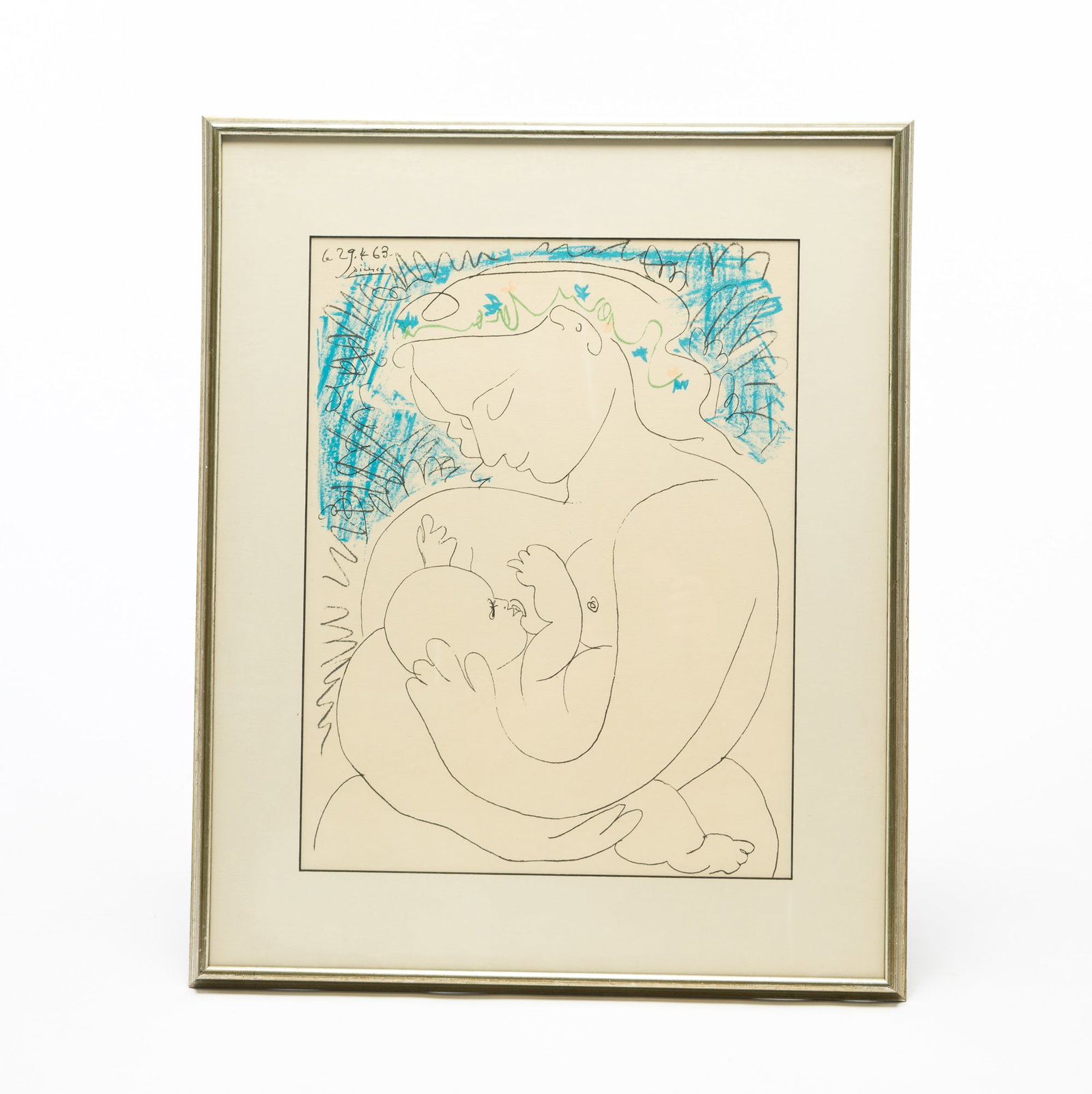PABLO PICASSO (SPANISH, 1881-1973) "GRANDE MATERNITE" LITHOGRAPH IN COLORS.: PABLO PICASSO (SPANISH, 1881-1973) "GRANDE MATERNITE" LITHOGRAPH IN COLORS. Dated "4.29.1963." Depicting a mother nursing her child. Signed in plate. Dry mounted, matted, and framed behind glass. Sigh