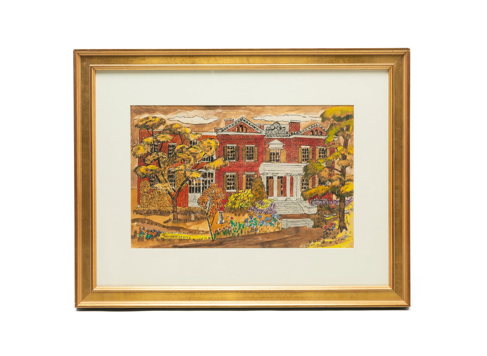 HARRIET KIRKPATRICK (COLUMBUS, OHIO, 1877-1962) "PARSONS PLACE" WATERCOLOR.: HARRIET KIRKPATRICK (COLUMBUS, OHIO, 1877-1962) "PARSONS PLACE" WATERCOLOR. American, 20th Century. On paper. Depicting a brick building surrounded by trees and flowers. Titled "PARSONS PLACE" and sig