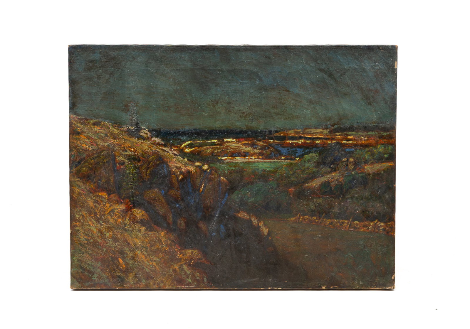 EDWARD PARKER HAYDEN (OHIO/NEW YORK/MASSACHUSETTS, 1858-1922) OIL ON CANVAS OF SEASCAPE.: EDWARD PARKER HAYDEN (OHIO/NEW YORK/MASSACHUSETTS, 1858-1922) OIL ON CANVAS OF SEASCAPE. American, Late 19th or Early 20th Century. A craggy waterside landscape with trees throughout and under a dark 