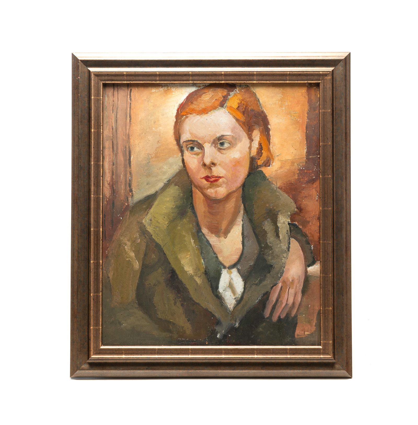 OIL ON BOARD PORTRAIT OF A YOUNG WOMAN.: OIL ON BOARD PORTRAIT OF A YOUNG WOMAN. American, 20th Century. Oil on board. Seated woman wearing a green coat, black and white shirt, and wears her red hair pulled back. Signed "Benker" and "32" to 