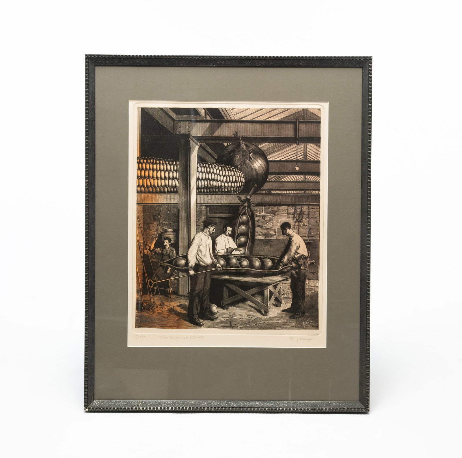 "THE ORIGINAL PLANT" INTAGLIO PRINT WITH COLOR, SIGNED R. JOSEPH.: "THE ORIGINAL PLANT" INTAGLIO PRINT WITH COLOR, SIGNED R. JOSEPH. American, Late 20th or early 21st Century. Whimsical depiction of men with chicken beaks working with oversized vegetables in an old f