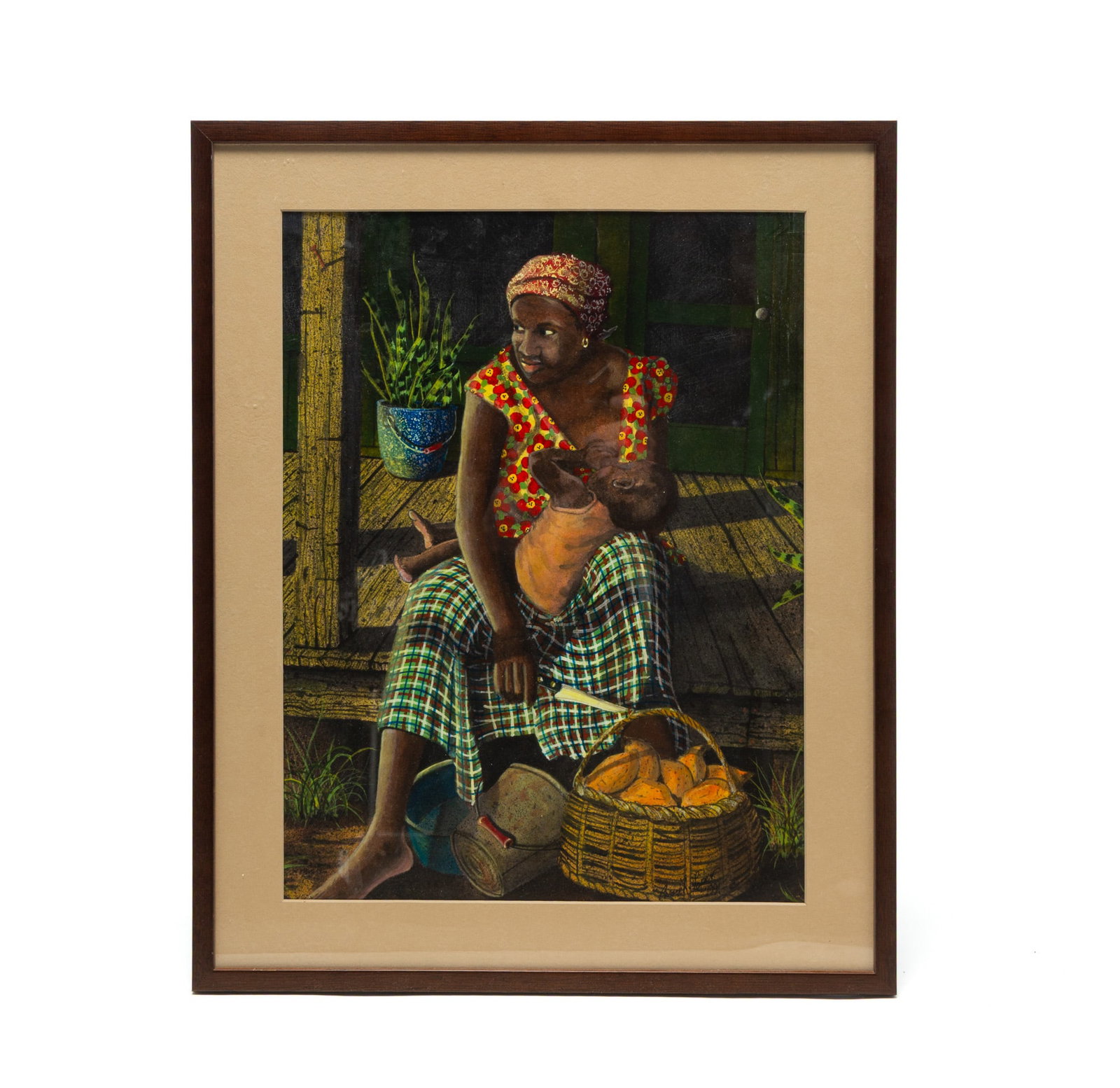 BROCK LOPER (MISSISSIPPI, 1935-2009) "MOTHER WITH CHILD PEELING POTATOES" GOUACHE ON PAPER DATED (1 of 4)