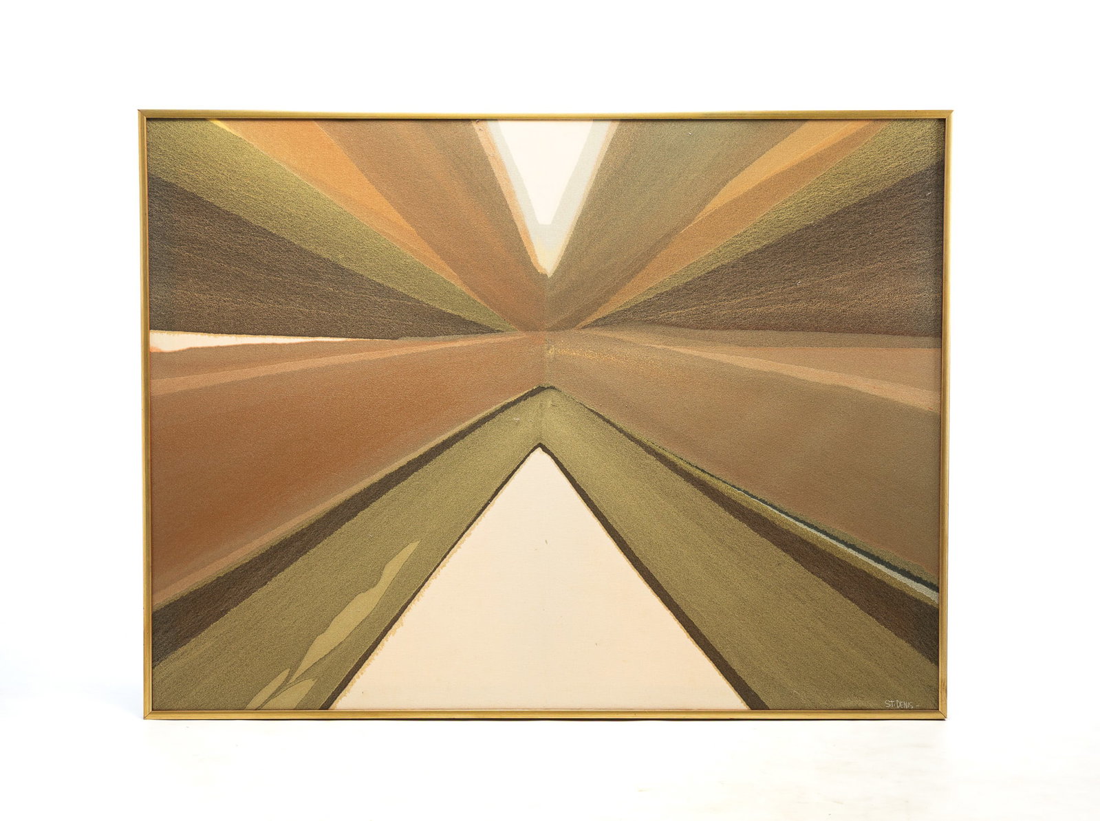 MONUMENTAL ABSTRACT OIL ON CANVAS SIGNED ST. DENIS.: MONUMENTAL ABSTRACT OIL ON CANVAS SIGNED ST. DENIS. American, 20th Century. Oil on canvas. Abstract in green, cream, and tan. Canvas, 49.75"h. 66.25"w. In a contemporary frame, 51.25"h. 67.5"w.