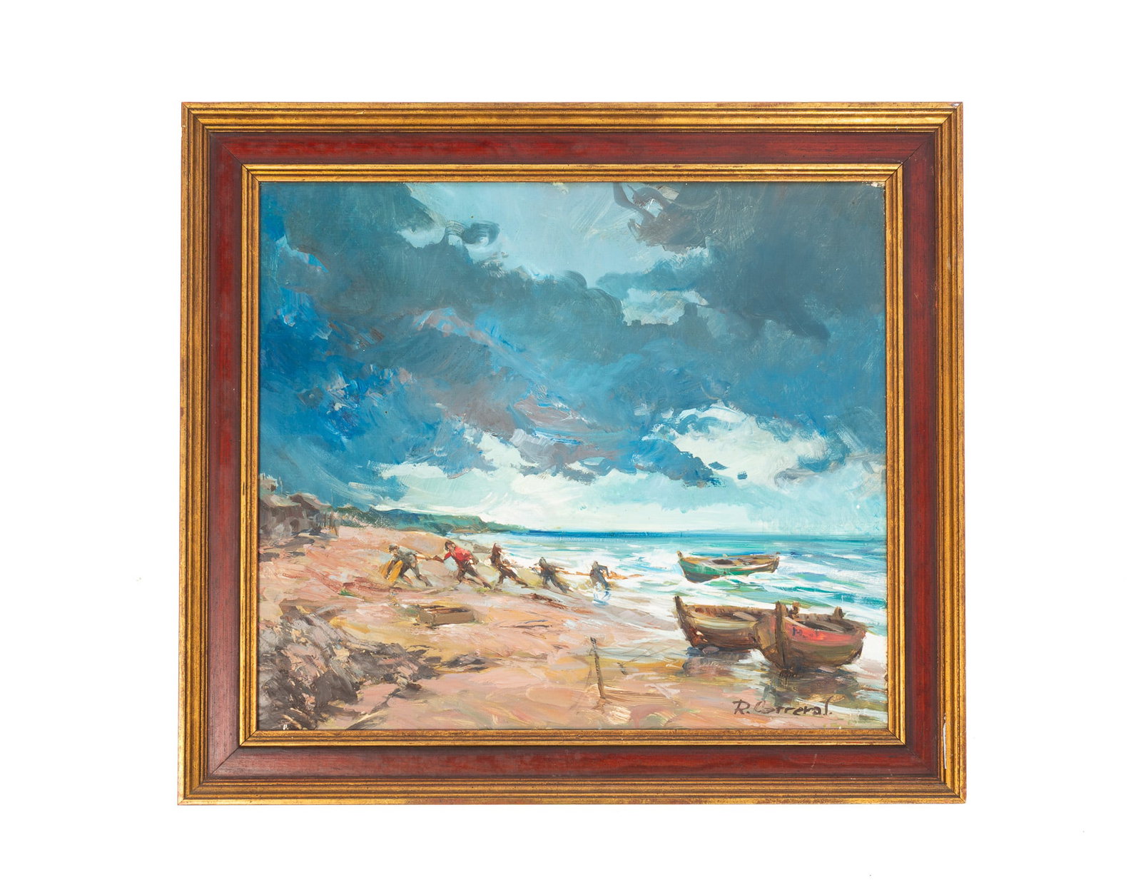 SEASCAPE OIL ON BOARD SIGNED R. CARRERAL.: SEASCAPE OIL ON BOARD SIGNED R. CARRERAL. American, 20th Century. Oil on board. Seascape signed R. Carreral, depicting a vibrant shoreline scene with boats and figures set against a dramatic sky. The 