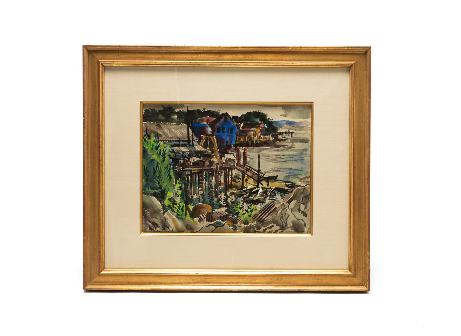 CARL ZIMMERMAN (CINCINNATI, 1900-1985) WATERCOLOR OF DOCKSIDE SEASCAPE. (1 of 4)