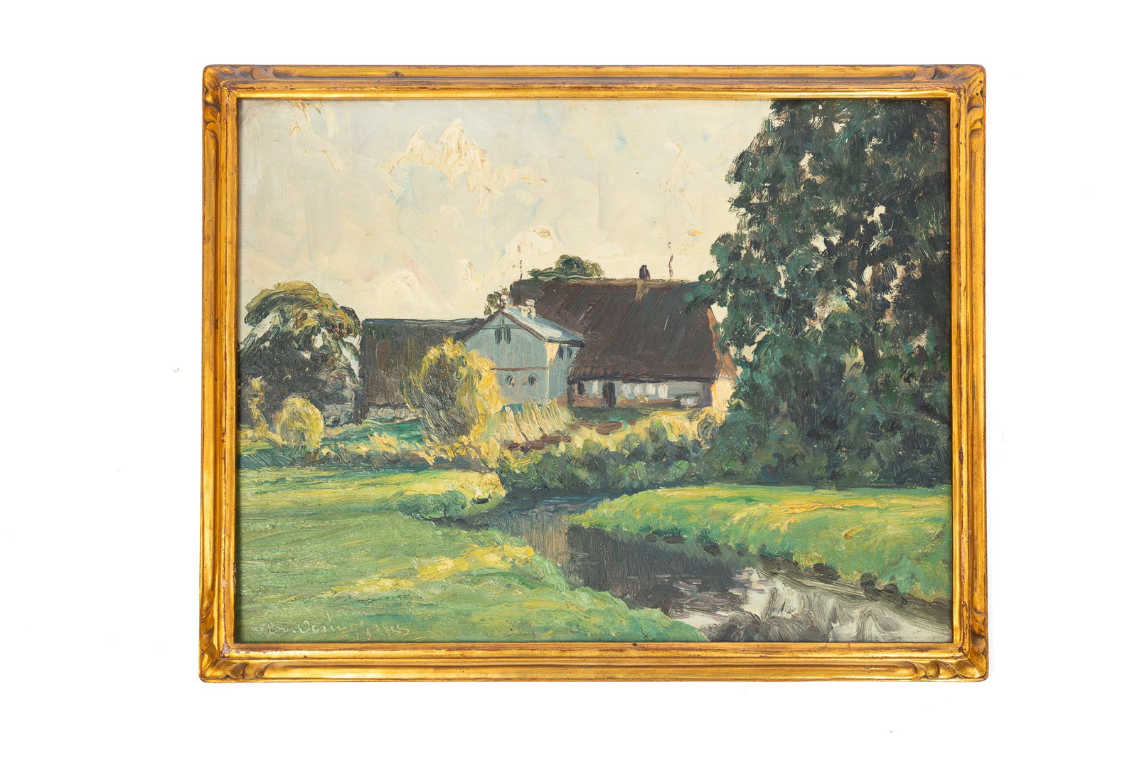 OIL ON ARTIST BOARD OF FARMHOUSE LANDSCAPE WITH STREAM. (1 of 6)