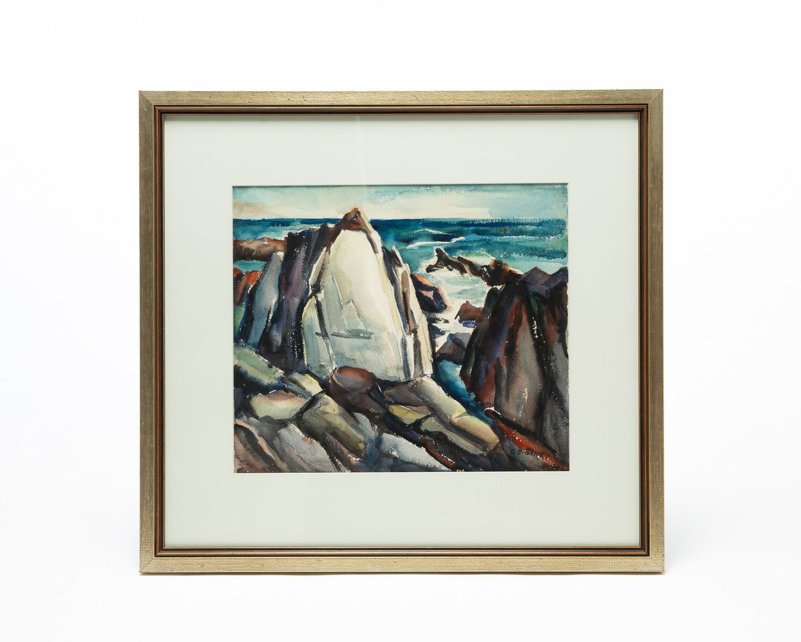 CAROLYN GERTRUDE BRADLEY (INDIANA, 1898-1954) WATERCOLOR ON PAPER OF A ROCKY SEASHORE. (1 of 4)