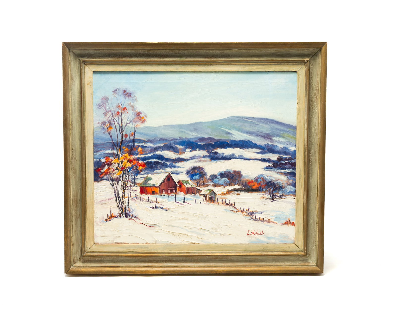 OIL ON CANVAS WINTER LANDSCAPE SIGNED E. PROHASKA.: OIL ON CANVAS WINTER LANDSCAPE SIGNED E. PROHASKA. North American, 20th Century. Oil on canvas. Winter farm landscape showing a mountainous background, sprawling farmland with a farm under a blank of 