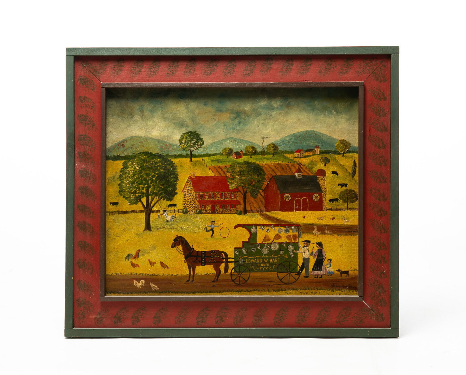 NEDINE HAKE BUCK (AMERICAN, CONTEMPORARY) FOLK ART OIL ON CANVAS BOARD OF A SALESMAN ON A FARM ROAD: NEDINE HAKE BUCK (AMERICAN, CONTEMPORARY) FOLK ART OIL ON CANVAS BOARD OF A SALESMAN ON A FARM ROAD IN A PAINT-DECORATED FRAME. American, Contemporary. Depicting a salesman with a horse-drawn cart adv