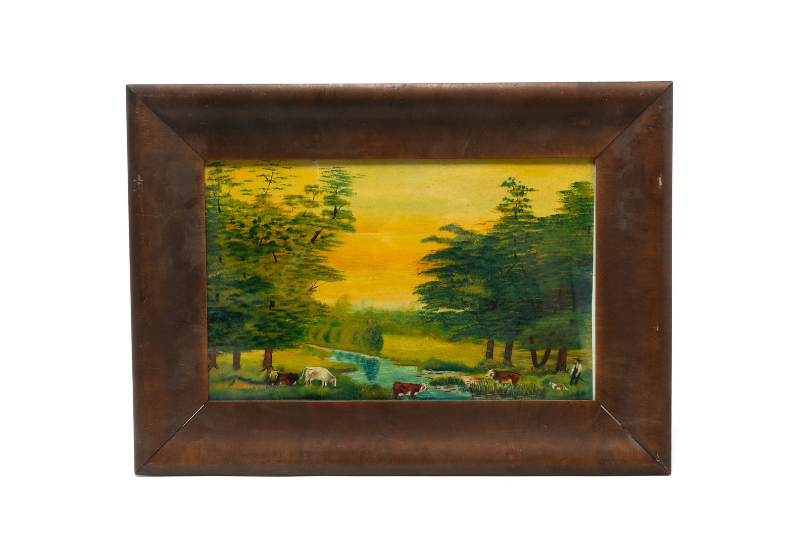 FOLKSY GOUACHE ON PAPER LANDSCAPE WITH COWS. (1 of 3)
