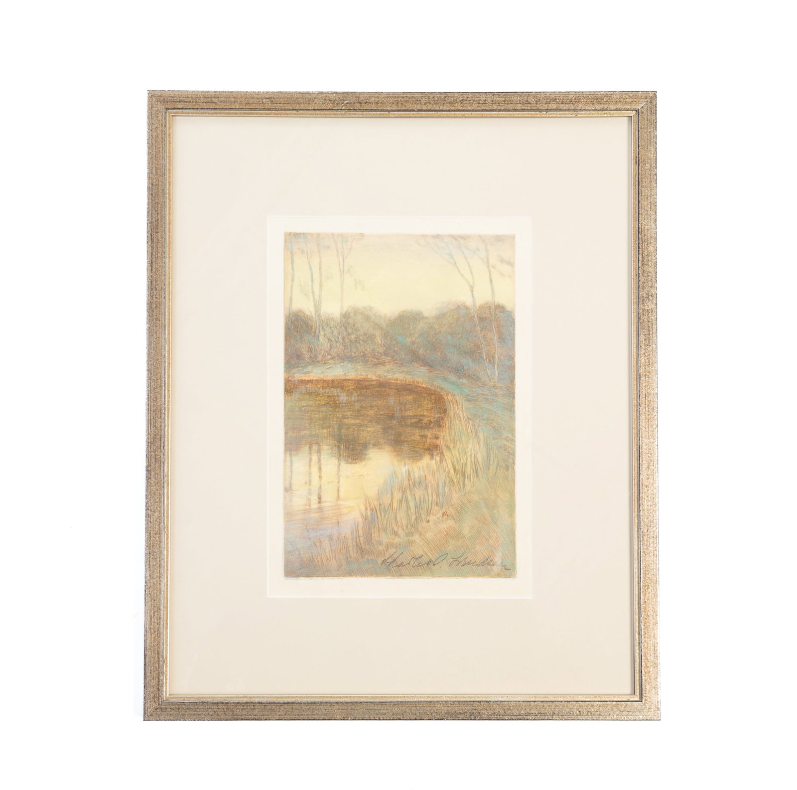 CHARLES C. SVENDSEN (CINCINNATI, OHIO, 1871-1959) "THE BIRD'S MIRROR" COLOR ETCHING.: CHARLES C. SVENDSEN (CINCINNATI, OHIO, 1871-1959) "THE BIRD'S MIRROR" COLOR ETCHING. American, 20th Century. On paper. Depicting a serene landscape of a pond reflecting the landscape. Signed in pencil
