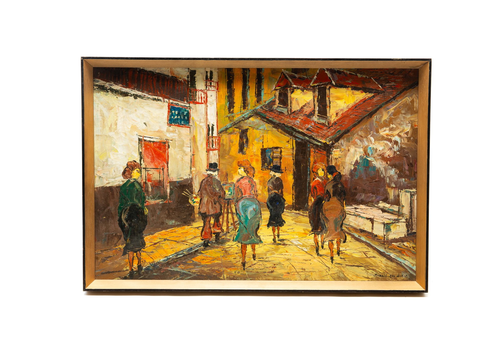 BUSY STREETSCAPE OIL ON CANVAS SIGNED DONALD VAN AIKER.: BUSY STREETSCAPE OIL ON CANVAS SIGNED DONALD VAN AIKER. 20th Century. Oil on canvas. Signed lower right. Bustling European street scene with an artist painting and ladies walking down the street. Canv