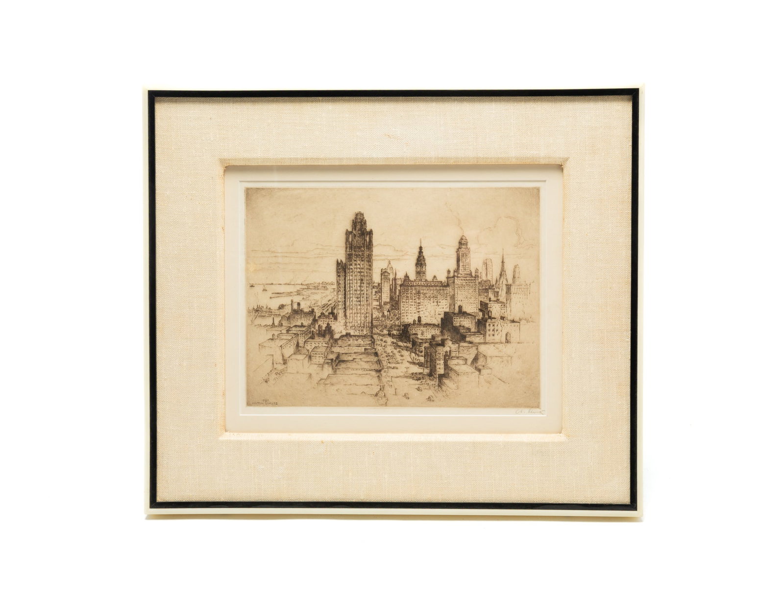 ANTON SCHUTZ (GERMAN, 1894-1977) ETCHING, VIEW OF CHICAGO AND THE TRIBUNE TOWER, DATED 1927. (1 of 5)