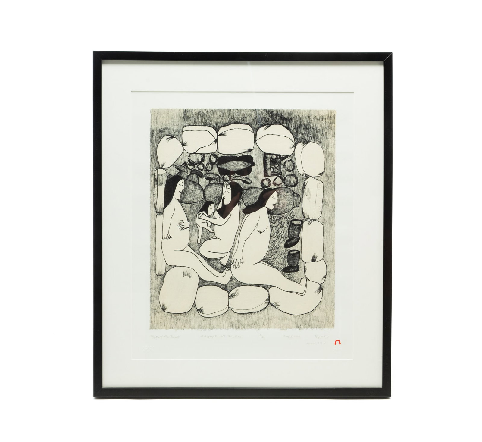 NAPACHI POOTOOGOOK (INUIT, 1938-2002) "MYTH OF THE TUNIIT" LITHOGRAPH WITH CHINE COLLÉ PRINT DATED (1 of 7)