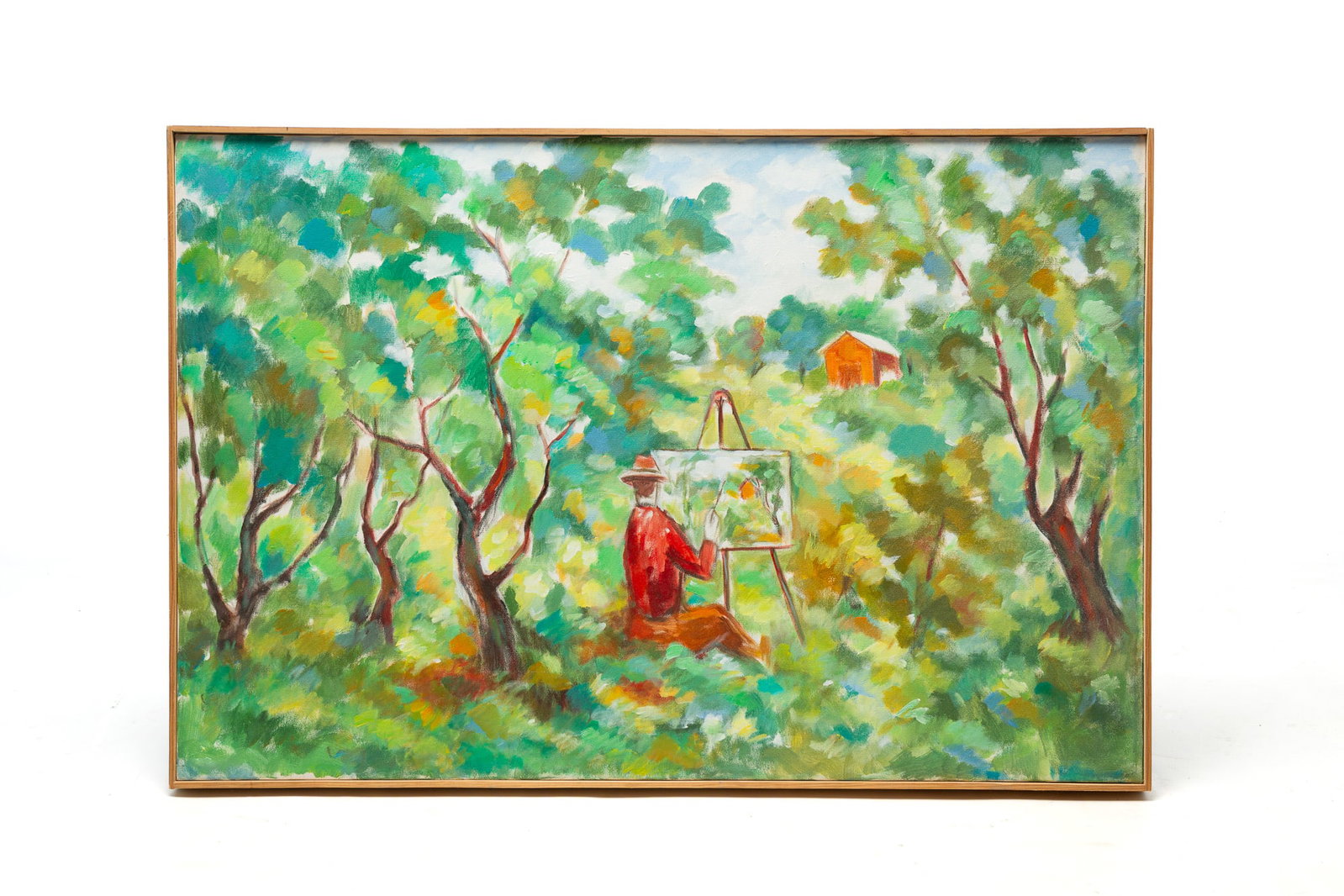 JAMES YOKO (DAYTON, OHIO, 1916-2004) ACRYLIC ON CANVAS OF A PLEIN AIR PAINTER.: JAMES YOKO (DAYTON, OHIO, 1916-2004) ACRYLIC ON CANVAS OF A PLEIN AIR PAINTER. American, Dated 1999. Depicting a painter holding a brush before a canvas on an easel outdoors amid trees with full folia