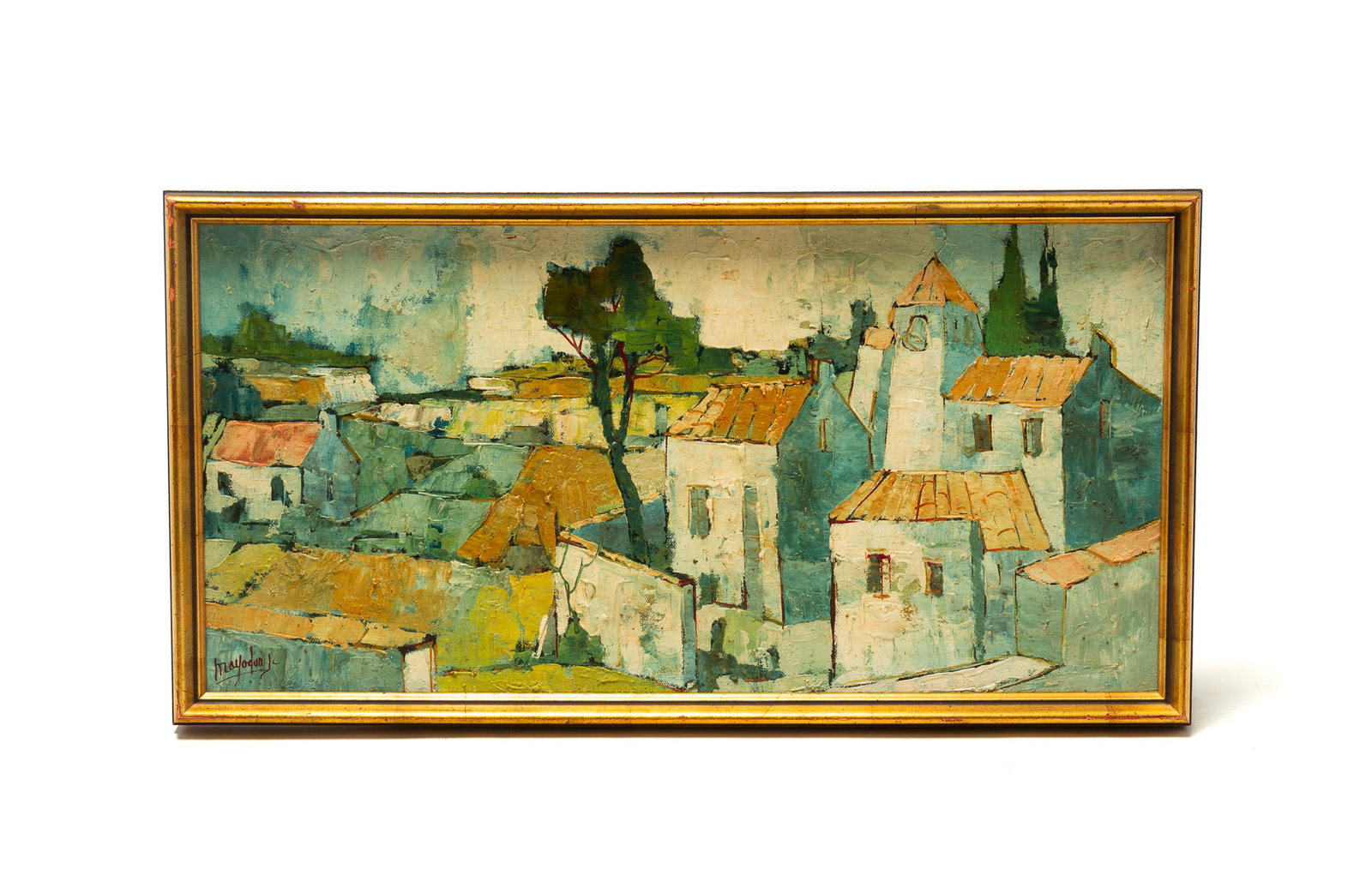 JEAN CLAUDE MAYODON (FRENCH, 1938-1981) VILLAGE LANDSCAPE OIL ON CANVAS.: JEAN CLAUDE MAYODON (FRENCH, 1938-1981) VILLAGE LANDSCAPE OIL ON CANVAS. 20th Century. Cubist style village with trees under a cloud filled blue sky. Signed lower left. Sight, 11.75"h. 23.75"w. In a g