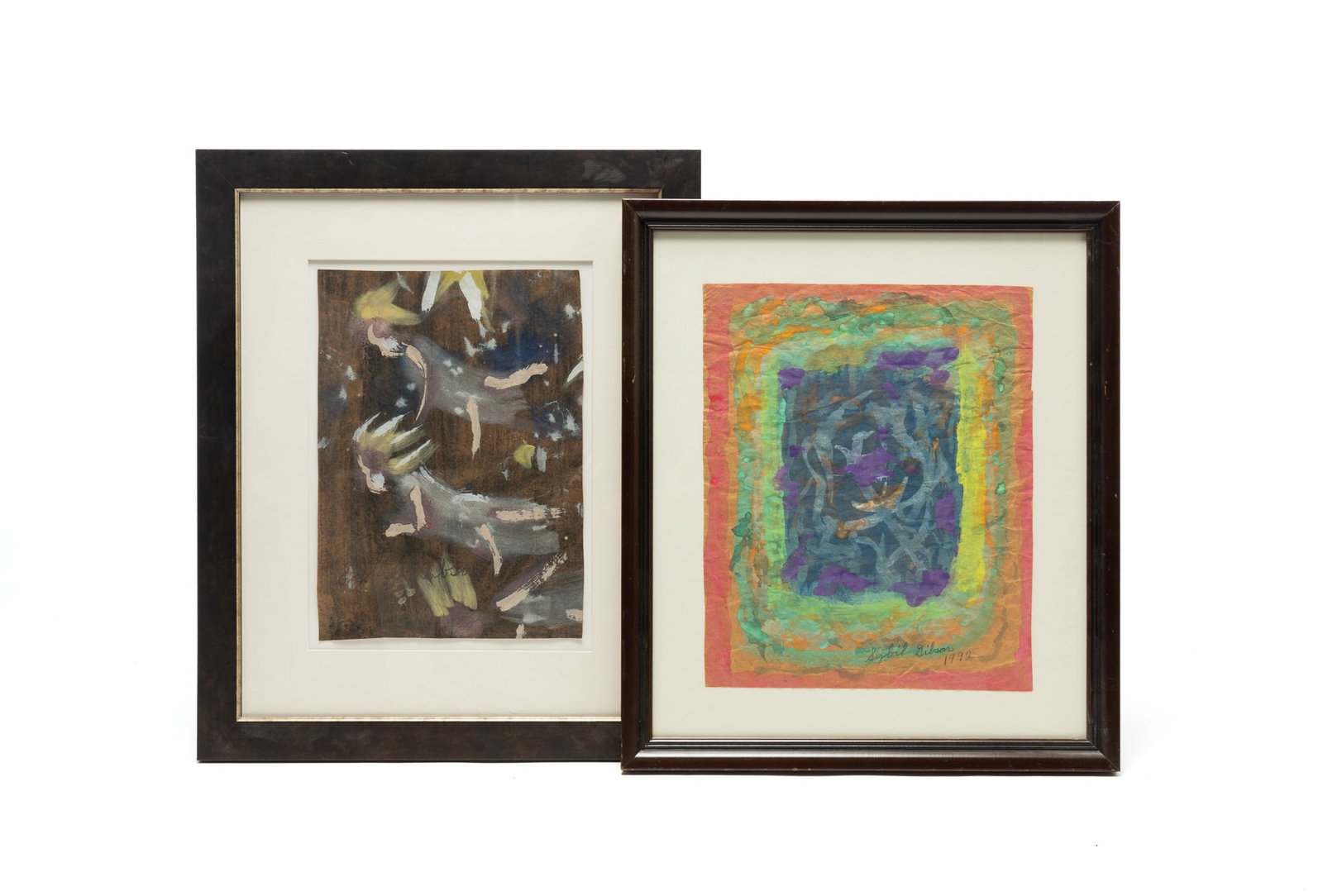 TWO SYBIL GIBSON (ALABAMA, 1908-1995) ABSTRACT WORKS ON PAPER.: TWO SYBIL GIBSON (ALABAMA, 1908-1995) ABSTRACT WORKS ON PAPER. American, 20th Century. One a rectangle-form washed in colors of the rainbow, signed and dated "Sybil Gibson 1972" in pencil at lower cen