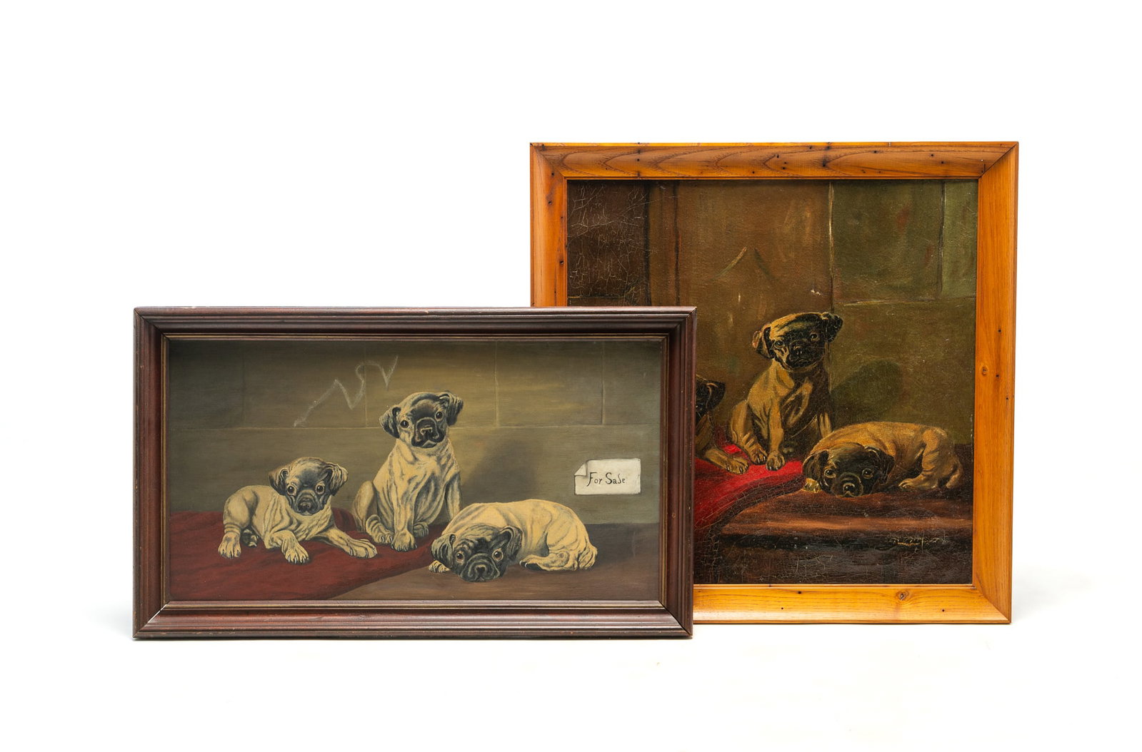 TWO OIL ON CANVAS PAINTINGS OF PUGS.: TWO OIL ON CANVAS PAINTINGS OF PUGS. American, 20th Century. Oil on canvas. Larger in oak frame and shows three small pug dogs lying on a red blanket. Framed, 23.5" square. The smaller shows the same 