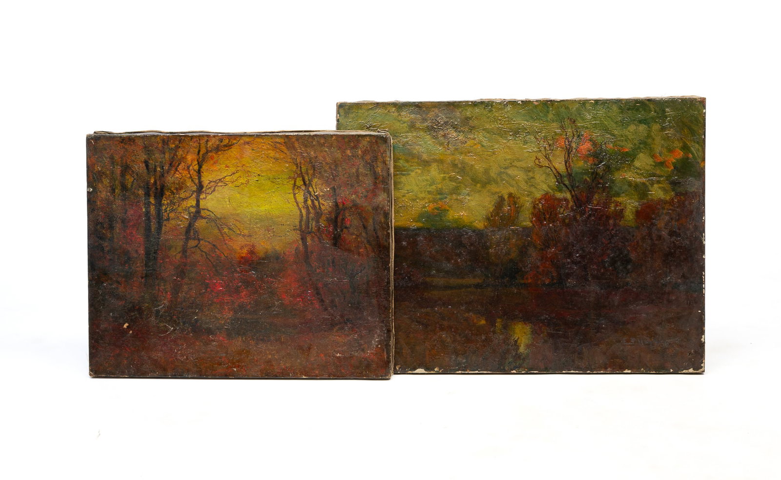 TWO EDWARD PARKER HAYDEN (OHIO/NEW YORK/MASSACHUSETTS, 1858-1922) OIL ON CANVAS AUTUMNAL LANDSCAPES.: TWO EDWARD PARKER HAYDEN (OHIO/NEW YORK/MASSACHUSETTS, 1858-1922) OIL ON CANVAS AUTUMNAL LANDSCAPES. American, Late 19th or Early 20th Century. Larger with a blue-gray sky, colorful trees near a