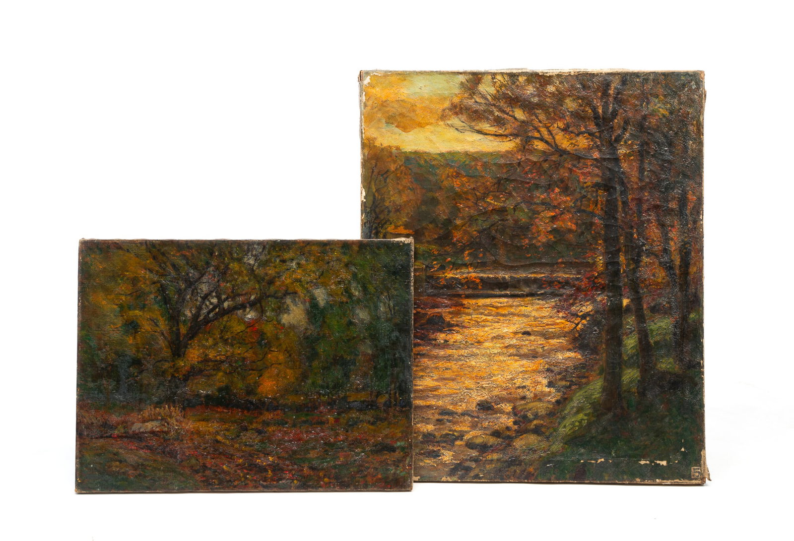 TWO EDWARD PARKER HAYDEN (OHIO/NEW YORK/MASSACHUSETTS, 1858-1922) OIL ON CANVAS AUTUMNAL LANDSCAPES.: TWO EDWARD PARKER HAYDEN (OHIO/NEW YORK/MASSACHUSETTS, 1858-1922) OIL ON CANVAS AUTUMNAL LANDSCAPES. American, Late 19th or Early 20th Century. Larger titled "The Dam" with a house in the distance