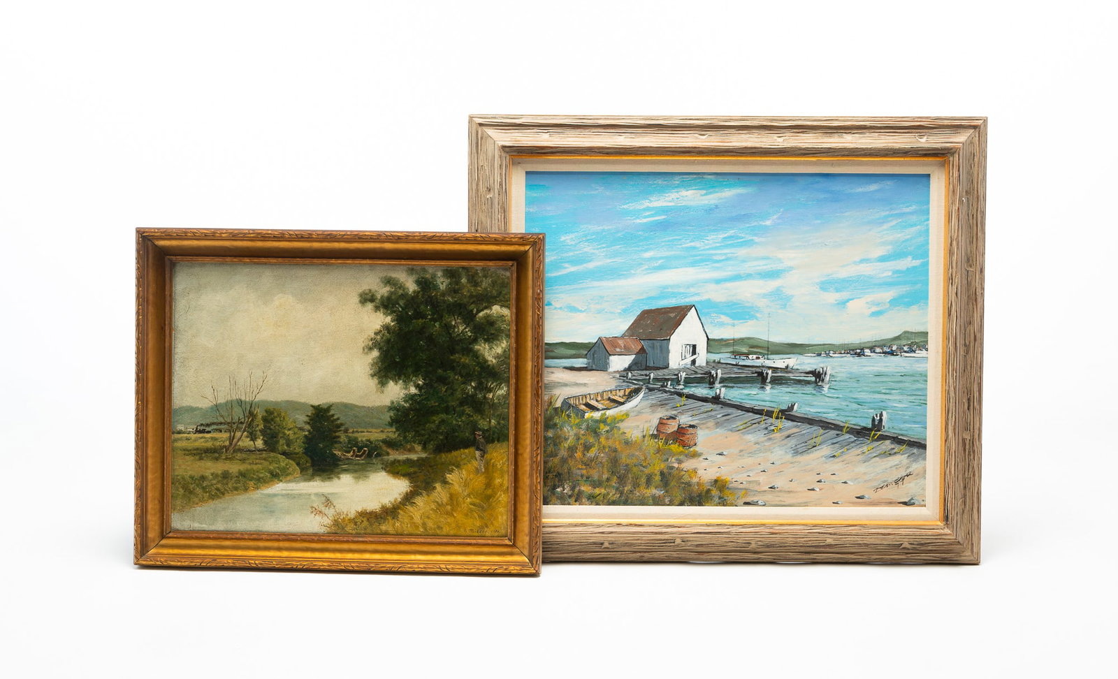 TWO OILS ON BOARD OF LANDSCAPES, INCL. DEAN PURDY CLOSE (COLUMBUS, OHIO, B. 1905-1992).: TWO OILS ON BOARD OF LANDSCAPES, INCL. DEAN PURDY CLOSE (COLUMBUS, OHIO, B. 1905-1992). American, 20th Century. The first by Dean Close depicting a dock with a shack and boats, signed at lower right.