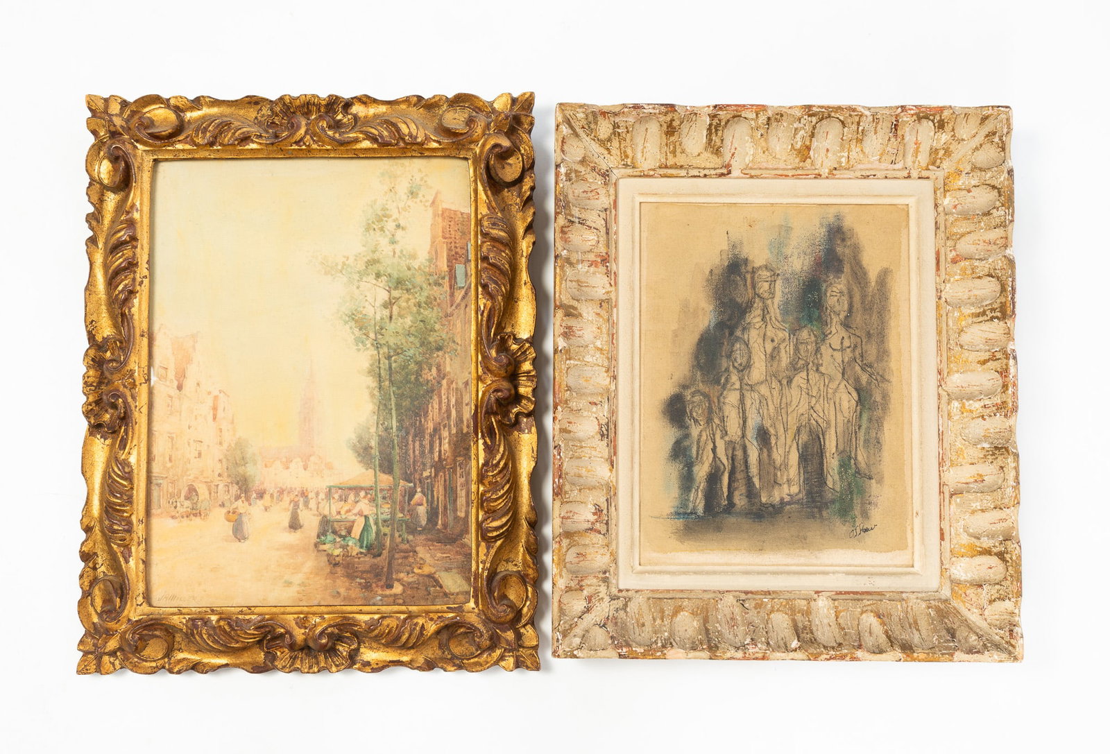 TWO FRAMED ARTWORKS.: TWO FRAMED ARTWORKS. 19th or 20th Century. American mixed media on canvas board depicting a group of abstract figures, signed "O.S. Shaw(?)" at lower right, stamped "Empire Artists' Materials 135