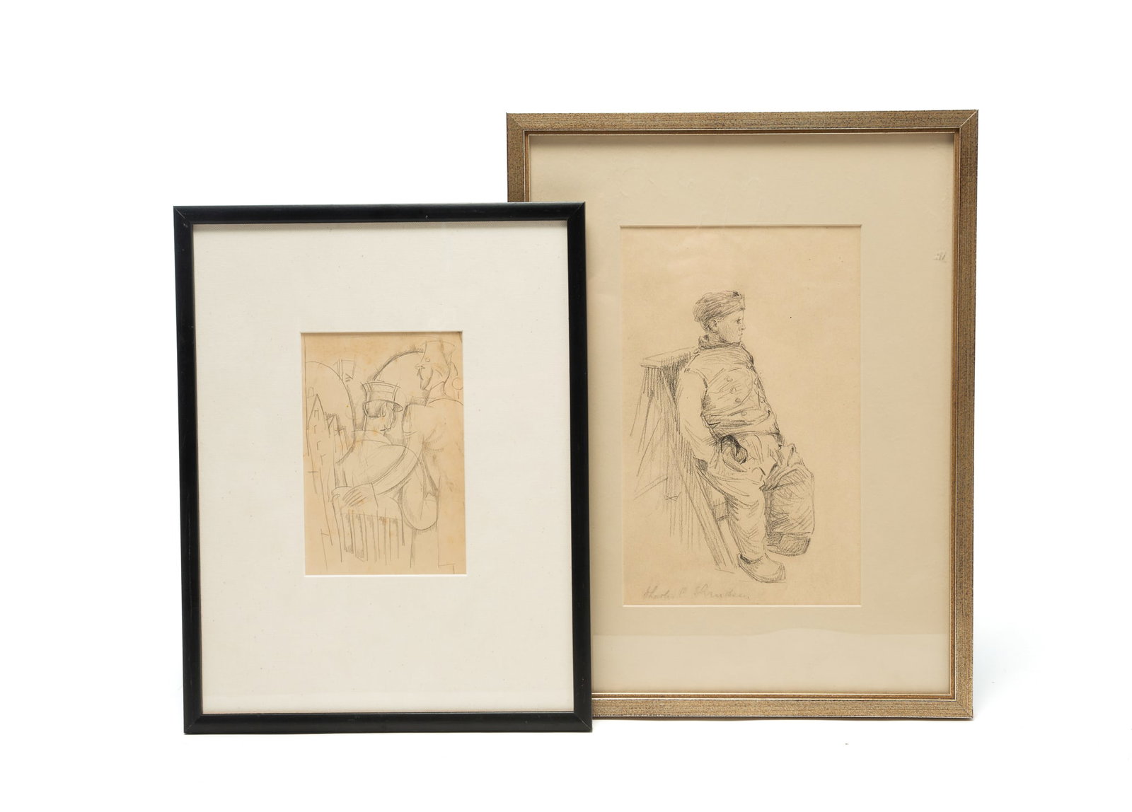 TWO PENCIL ON PAPER DRAWINGS, INCL. WILLIAM SOMMER (CLEVELAND, OHIO, 1867-1949).: TWO PENCIL ON PAPER DRAWINGS, INCL. WILLIAM SOMMER (CLEVELAND, OHIO, 1867-1949). American, 20th Century. William Sommer drawing depicting two men in tall hats, unsigned. The other of a young man leani
