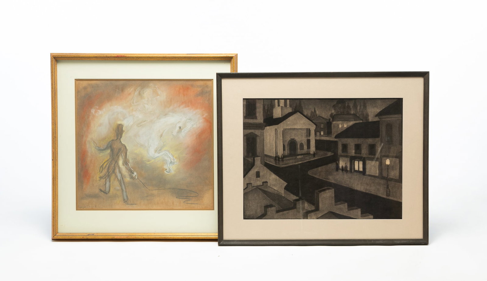 TWO SIGNED WORKS ON PAPER.: TWO SIGNED WORKS ON PAPER. American, 20th Century. The first a charcoal drawing on paper of architecture at night, signed illegibly at lower left and with illegible information on frame verso. The sec