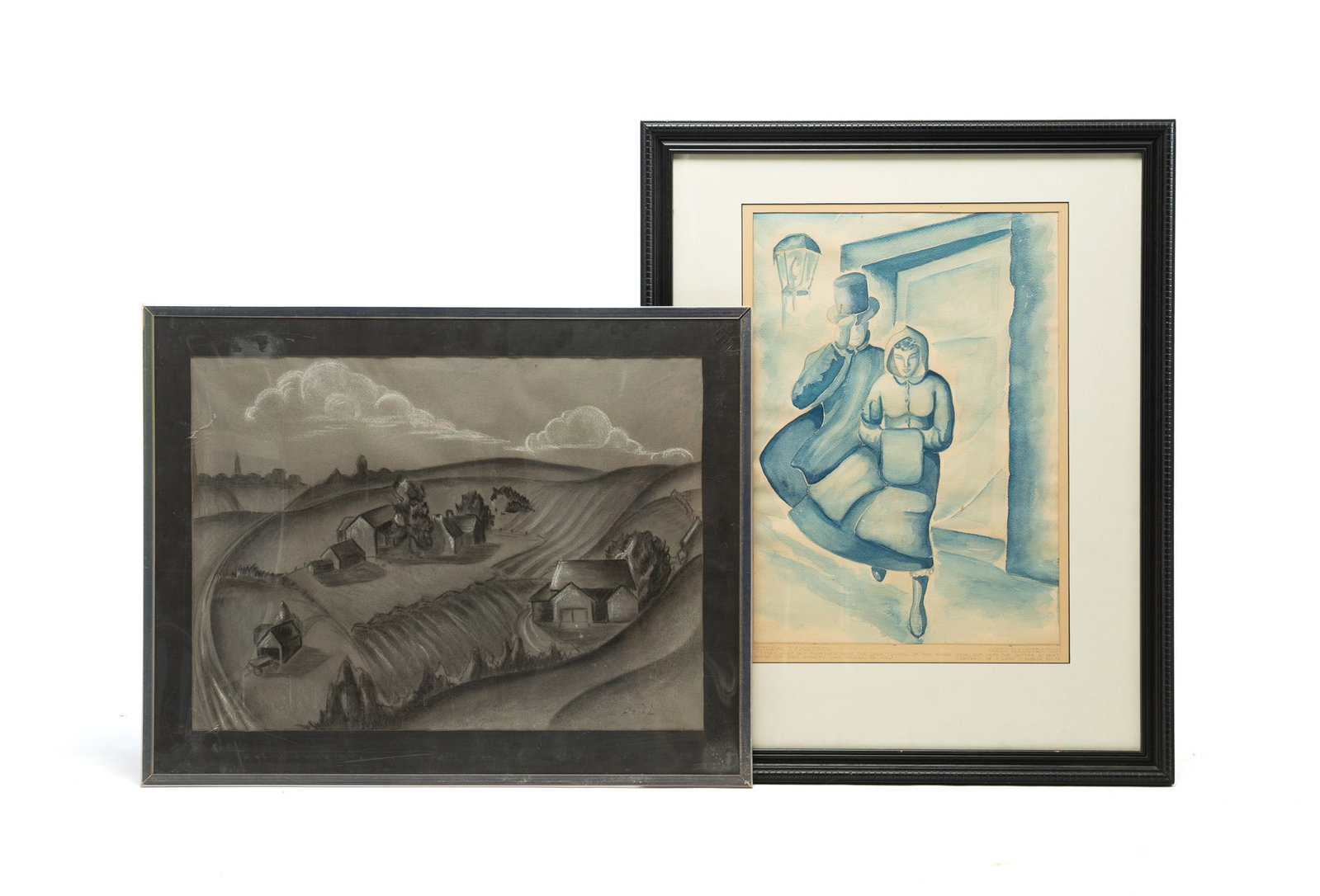 A WATERCOLOR ILLUSTRATION AND A CHARCOAL LANDSCAPE.: A WATERCOLOR ILLUSTRATION AND A CHARCOAL LANDSCAPE. American, 20th Century. Blue watercolor illustration of a man and woman in winter clothing walking along a street, the bottom inscribed "PICTORIAL