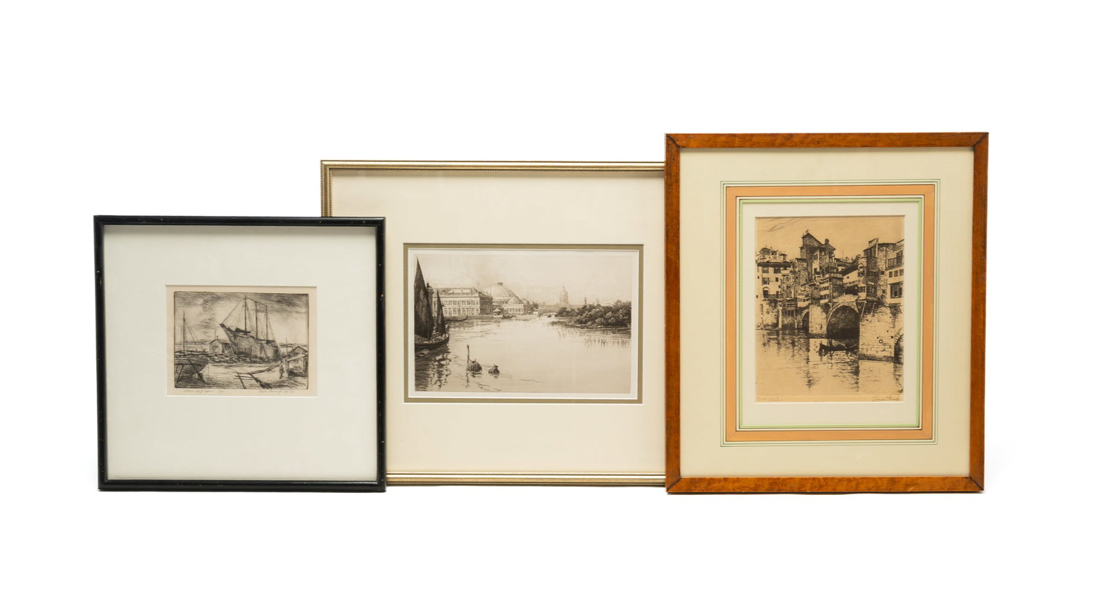 THREE ETCHINGS BY PENNELL, BURROUGHS, AND MIELATZ.: THREE ETCHINGS BY PENNELL, BURROUGHS, AND MIELATZ. American, 19th and 20th Centuries. Joseph Pennell (1857-1926) "Ponte Vecchio," 1883, titled and dated in plate, titled and signed in additional