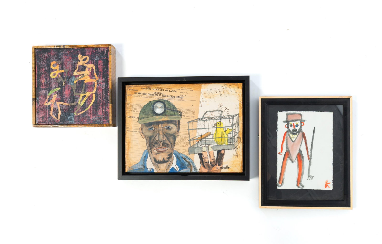 THREE CONTEMPORARY ARTWORKS, INCL. KARL MULLEN AND ROBBIE MUELLER.: THREE CONTEMPORARY ARTWORKS, INCL. KARL MULLEN AND ROBBIE MUELLER. American, 20th and 21st Centuries. Karl Mullen (Ireland/Massachusetts, b. 1954) "Man with Hat" pen and watercolor on paper,