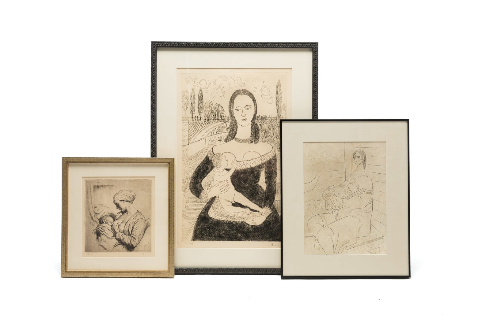 THREE ETCHINGS OF NURSING MOTHERS.: THREE ETCHINGS OF NURSING MOTHERS. Emile Pierre Bonny (French, 1913-1974) "Maternité," signed in plate, editioned 80/200 and signed "Bonny" along lower margin. Herbert Johnston Harvey (British,
