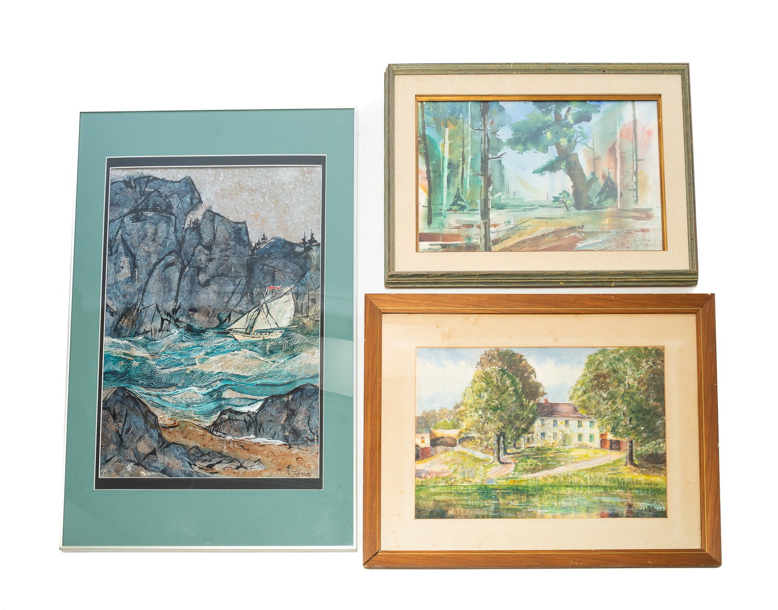 THREE FRAMED ARTWORKS FEATURING WATER.: THREE FRAMED ARTWORKS FEATURING WATER. American, 20th Century. Two watercolors on paper: one abstract style landscape with a stream signed Fisher lower left, framed, 20.5"h. 27"w., and a view of an