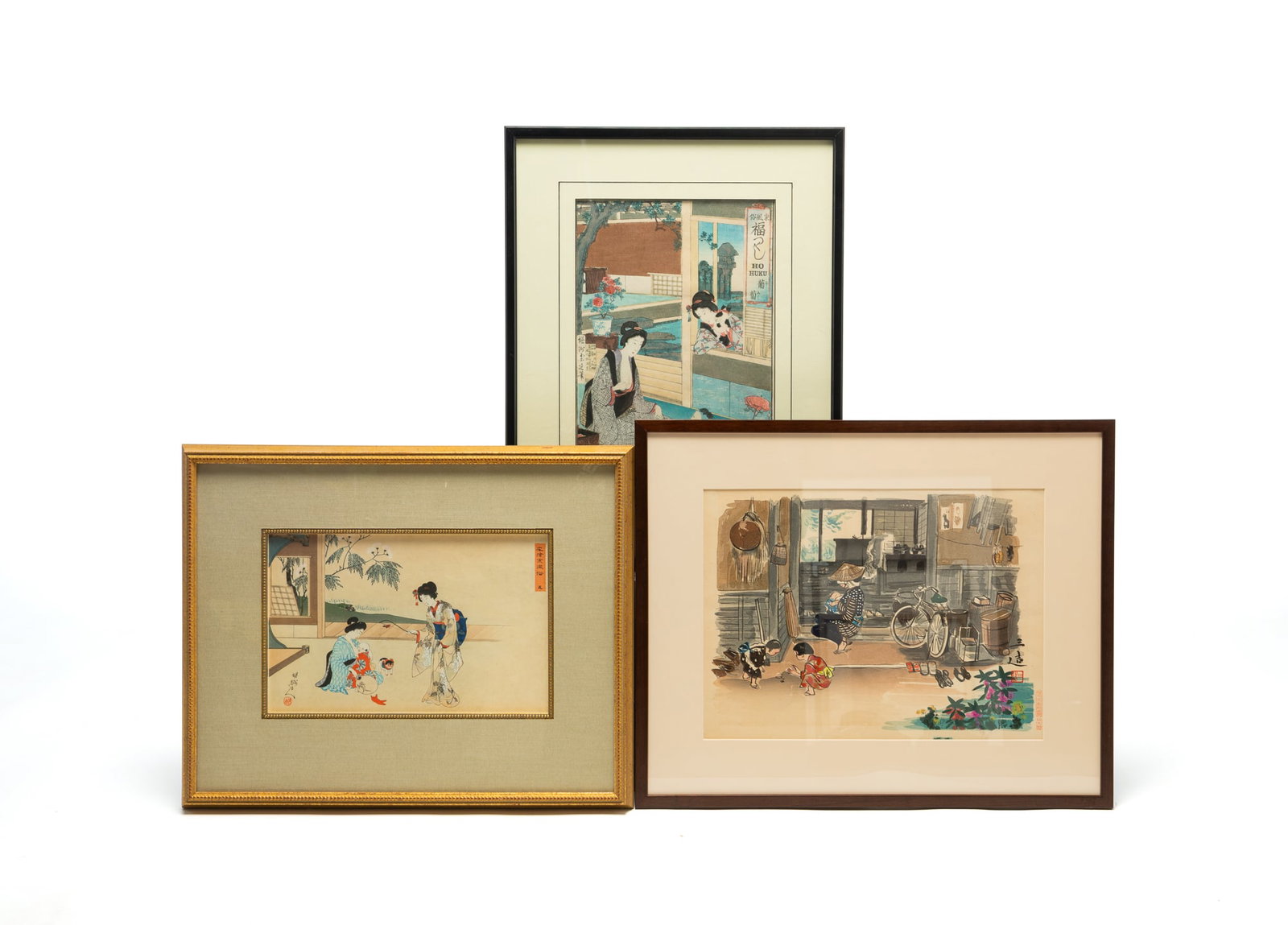 THREE JAPANESE WOODBLOCK PRINTS OF MOTHERS AND CHILDREN.: THREE JAPANESE WOODBLOCK PRINTS OF MOTHERS AND CHILDREN. 20th Century. Sanzo Wada, "Farming Family," 1940, signed. Toyohara Chikanobu (1838-1912), signed. Unidentified artist, signed. Each matted and
