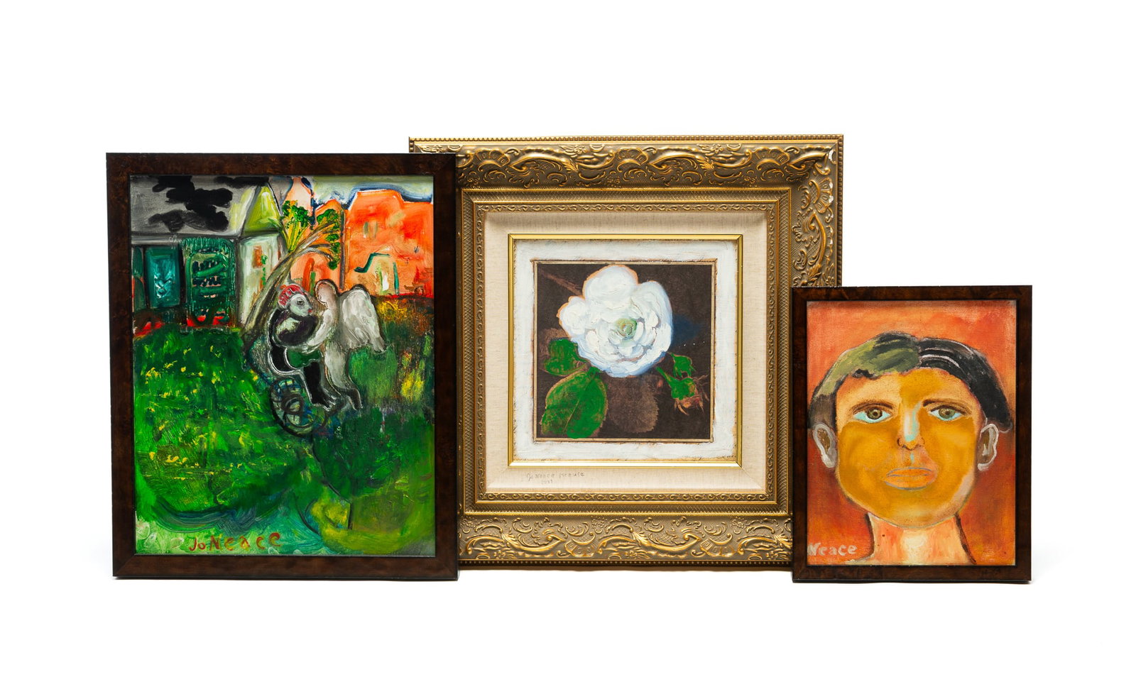 THREE JO NEACE KRAUSE (KENTUCKY, B. 1935) OUTSIDER ART OIL PAINTINGS.: THREE JO NEACE KRAUSE (KENTUCKY, B. 1935) OUTSIDER ART OIL PAINTINGS. American, 21st Century. Oil on canvas portrait of a woman, signed "Neace" at lower left, in a wooden frame. Oil on canvas of two f