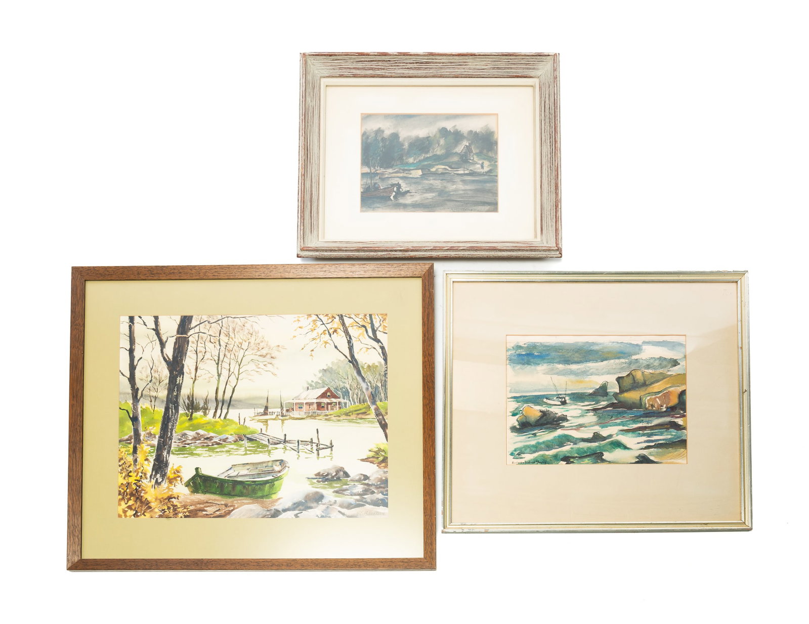 THREE FRAMED WATERCOLOR LANDSCAPES FEATURING WATER.: THREE FRAMED WATERCOLOR LANDSCAPES FEATURING WATER. American, 20th Century. Watercolor on paper. The first by T. Longeran, depicting a small shed by the water's edge with a fisherman walking up and