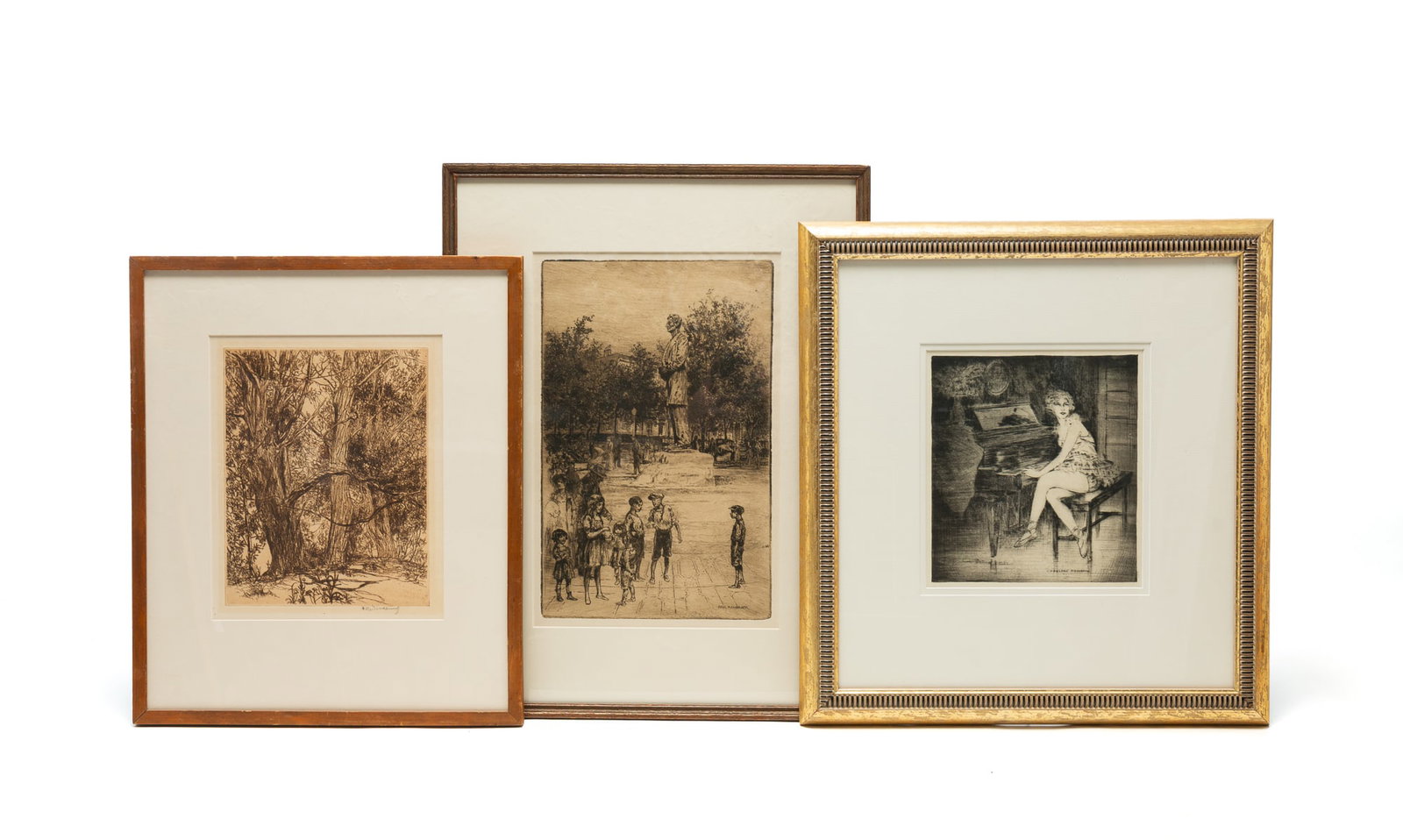THREE ETCHINGS, INCL. ASHBROOK AND WOODBURY.: THREE ETCHINGS, INCL. ASHBROOK AND WOODBURY. American, First half 20th Century. Paul Ashbrook (1867-1949), depicting children in front of an Abraham Lincoln monument, signed in plate and in pencil at