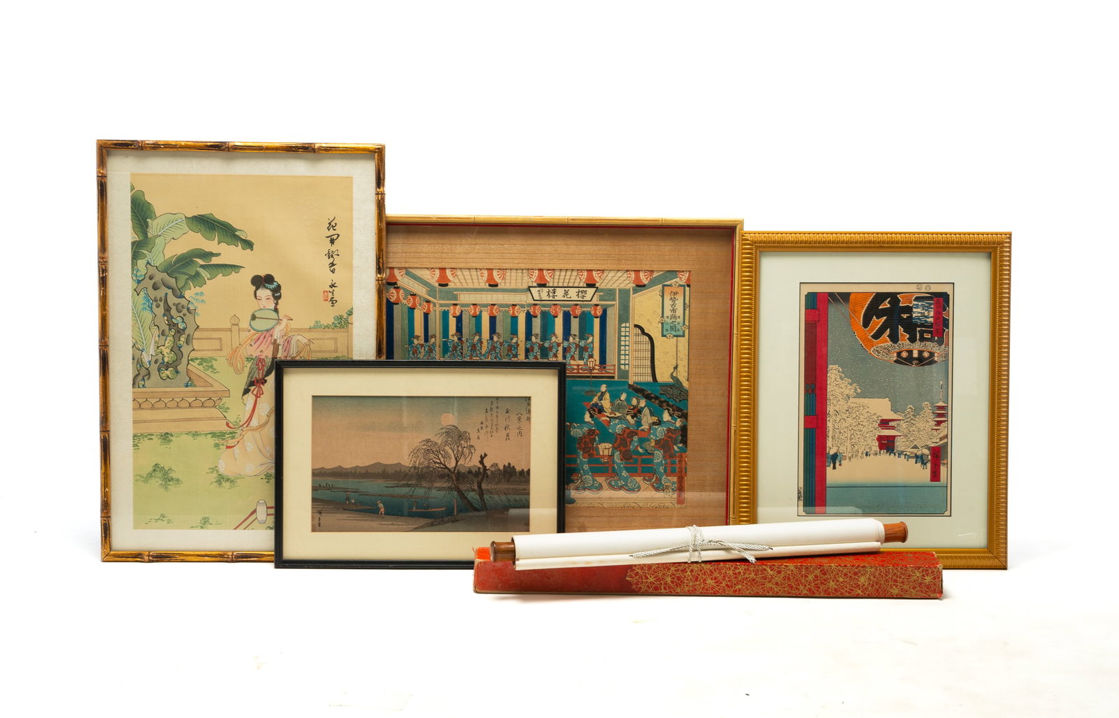 FIVE ASIAN WORKS OF ART, INCL. WOODBLOCK PRINTS AND A SCROLL.: FIVE ASIAN WORKS OF ART, INCL. WOODBLOCK PRINTS AND A SCROLL. Hiroshige Utagawa (Japanese, 1797-1858) "Kinryuzan Temple Asakusa" woodblock print, reprint edition, matted and framed behind glass.