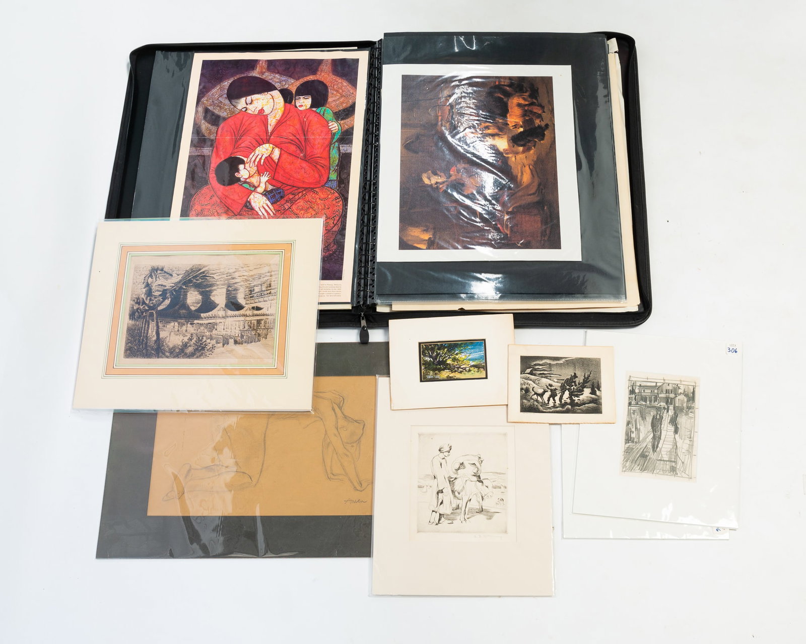 PORTFOLIO OF LOOSE WORKS ON PAPER AND PRINTS, SOME ORIGINAL, INCL. DELLA WELLS, KEN STABER, AND CARL: PORTFOLIO OF LOOSE WORKS ON PAPER AND PRINTS, SOME ORIGINAL, INCL. DELLA WELLS, KEN STABER, AND CARL GAERTNER. American, 20th Century. More than forty small to medium artworks, including original