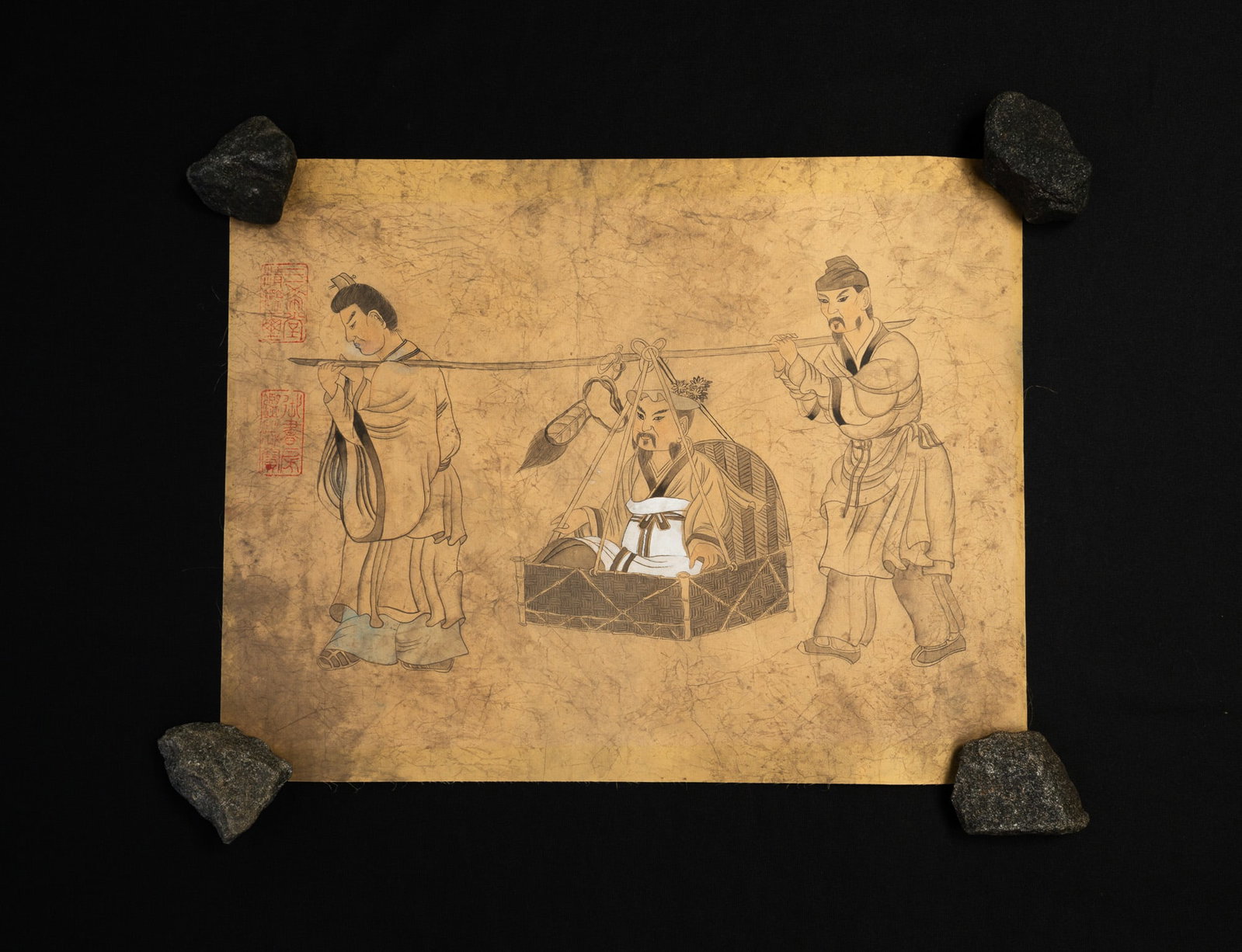 CHINESE SCHOOL MIXED MEDIA PAINTING ON SILK.: CHINESE SCHOOL MIXED MEDIA PAINTING ON SILK. Late Qing dynasty to early Republic period, Ca. 1880–1915. Silk laid on paper. Depicting a narrative figural procession scene, bearing two collector