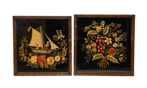 TWO FINE ASIAN POLYCHROME EMBROIDERY ON BLACK VELVET PANELS.