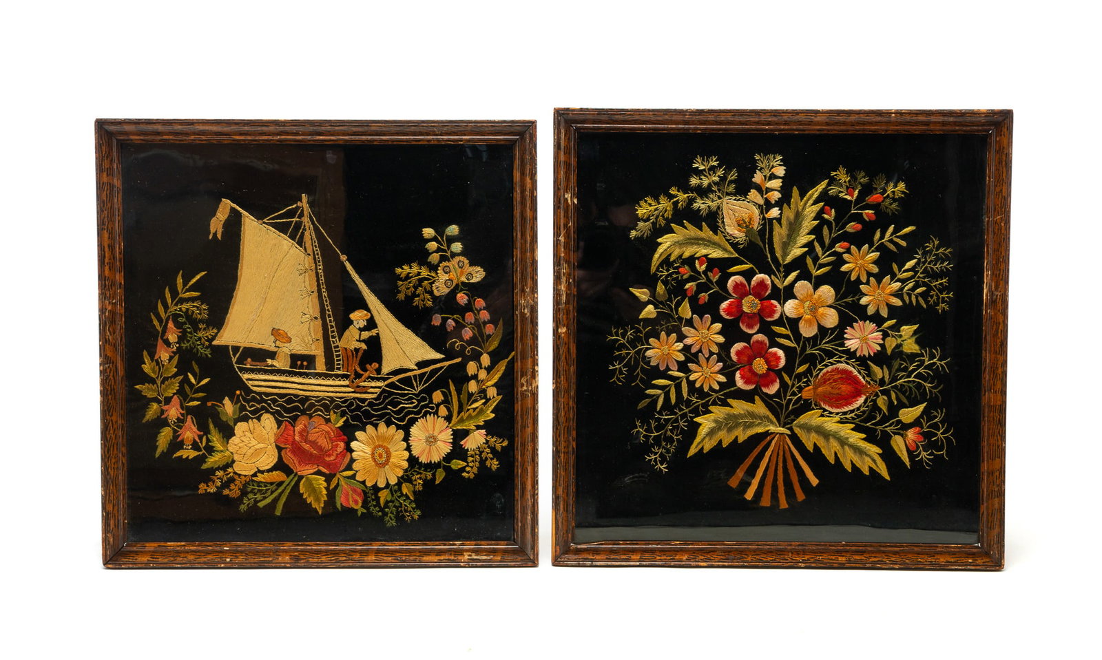 TWO FINE ASIAN POLYCHROME EMBROIDERY ON BLACK VELVET PANELS. (1 of 5)