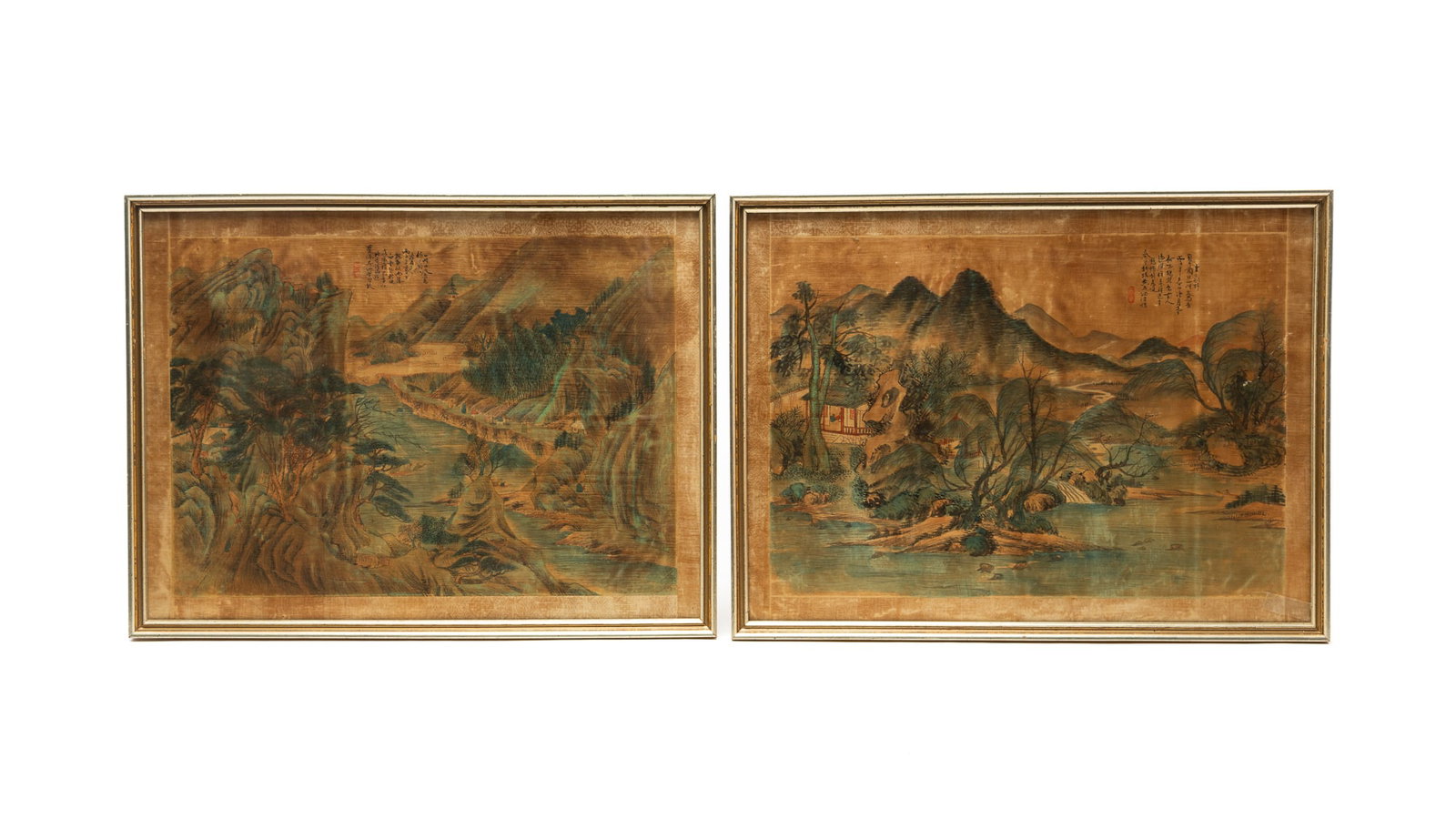 A PAIR OF FRAMED CHINESE INK AND WATERCOLOR LANDSCAPES ON SILK.: A PAIR OF FRAMED CHINESE INK AND WATERCOLOR LANDSCAPES ON SILK. China, 19th or 20th Century. Each depicting a mountainous landscape with figures, dwellings, and water, having a red stamp and