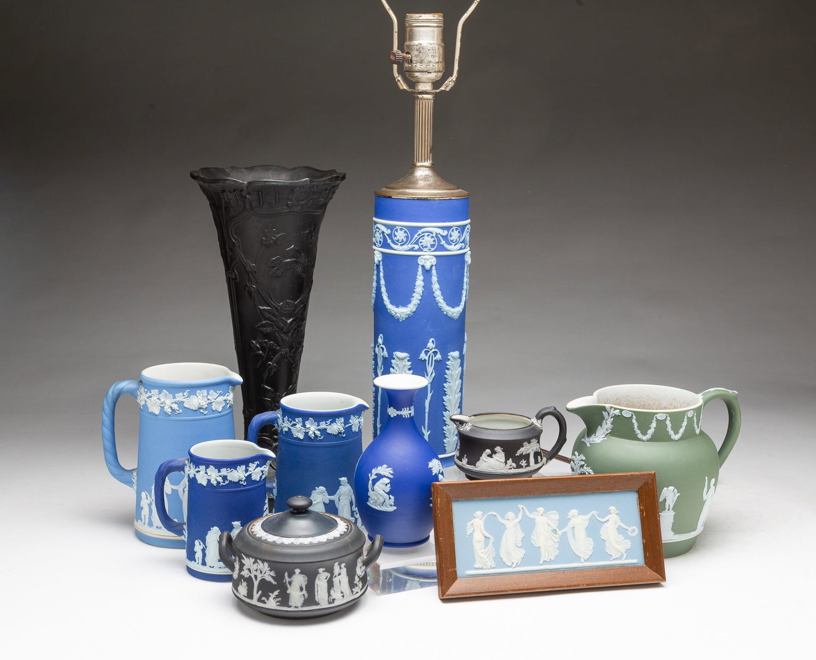 GROUP OF WEDGWOOD ITEMS.: GROUP OF WEDGWOOD ITEMS. English, 19th and early 20th Centuries. A mixture of impressed WEDGWOOD and WEDGWOOD ENGLAND MARKS. Four blue dip jasperware: a lamp, two pitchers with canted sides, and a