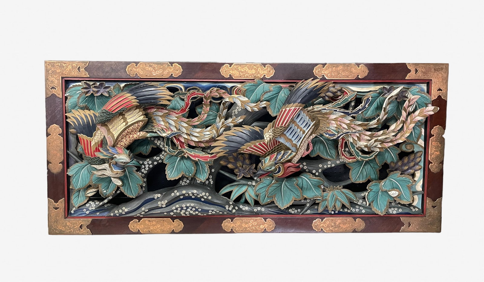 INTRICATE JAPANESE POLYCHROME-PAINTED WOODEN RELIEF TRANSOM PANEL (RAMMA) DEPICTING PHOENIXES. (1 of 4)